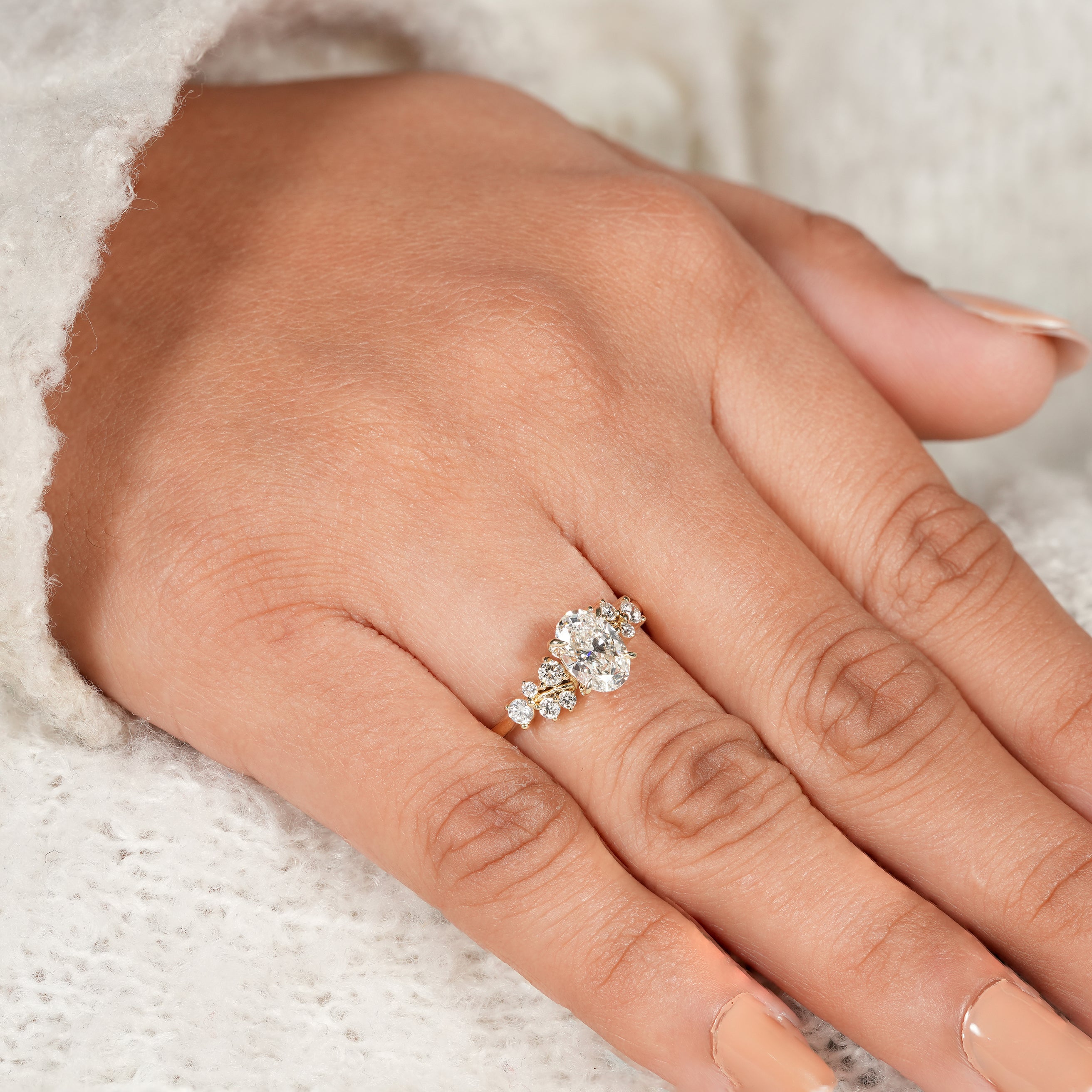 Luxury Oval Lab Created Diamond Ring with Round Diamond Clusters