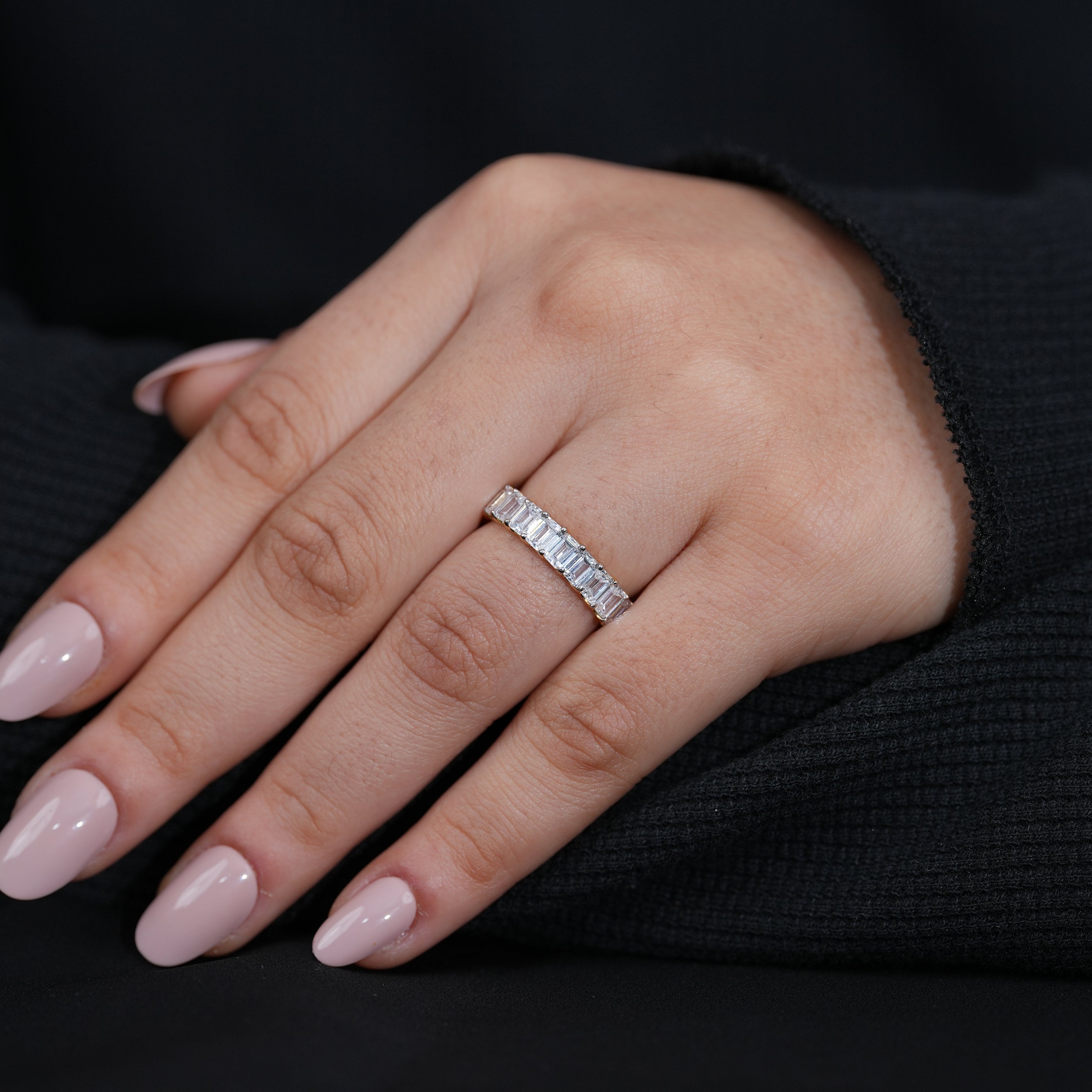 Timeless emerald diamond eternity ring with lab grown sparkle