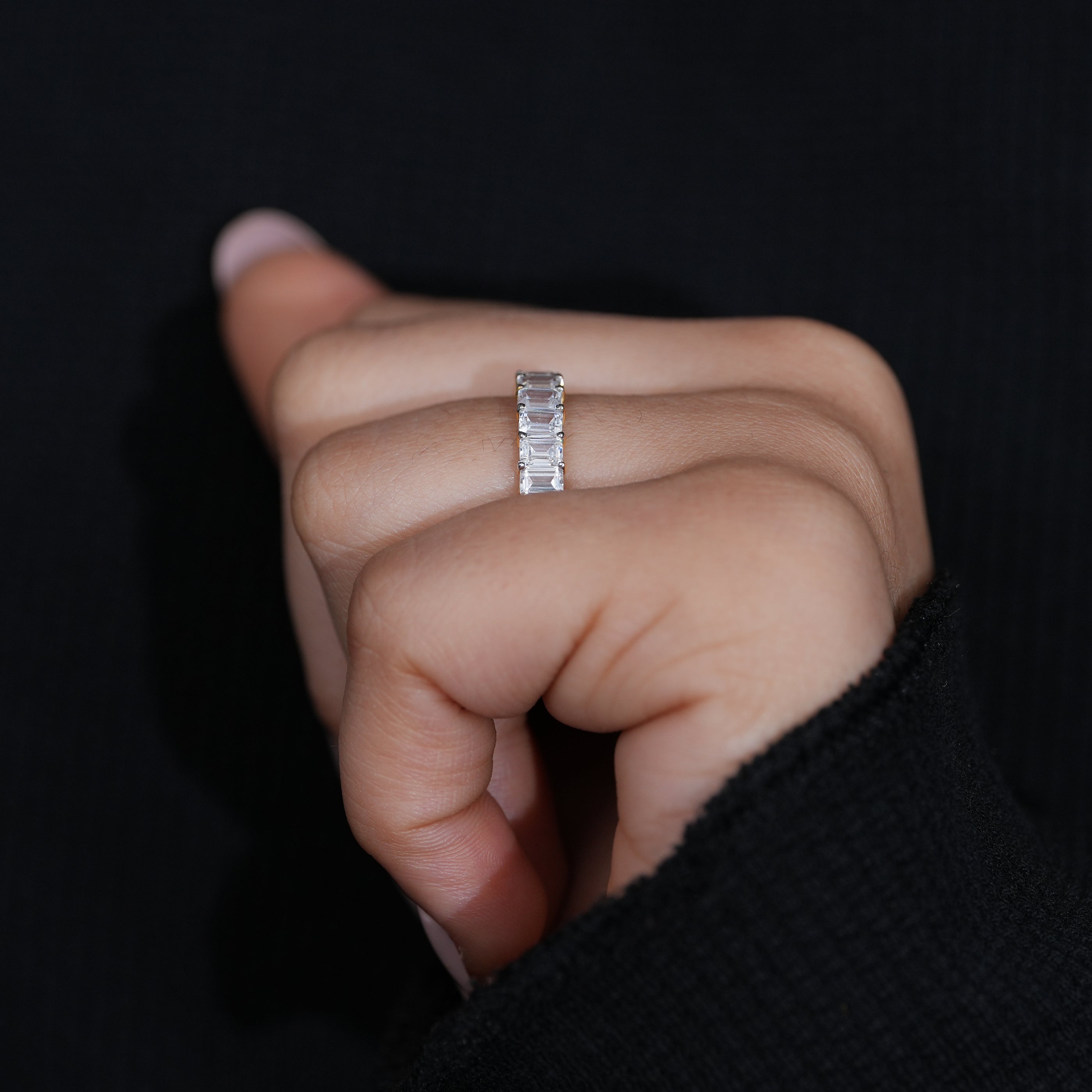 Emerald diamond eternity band crafted with lab grown stones