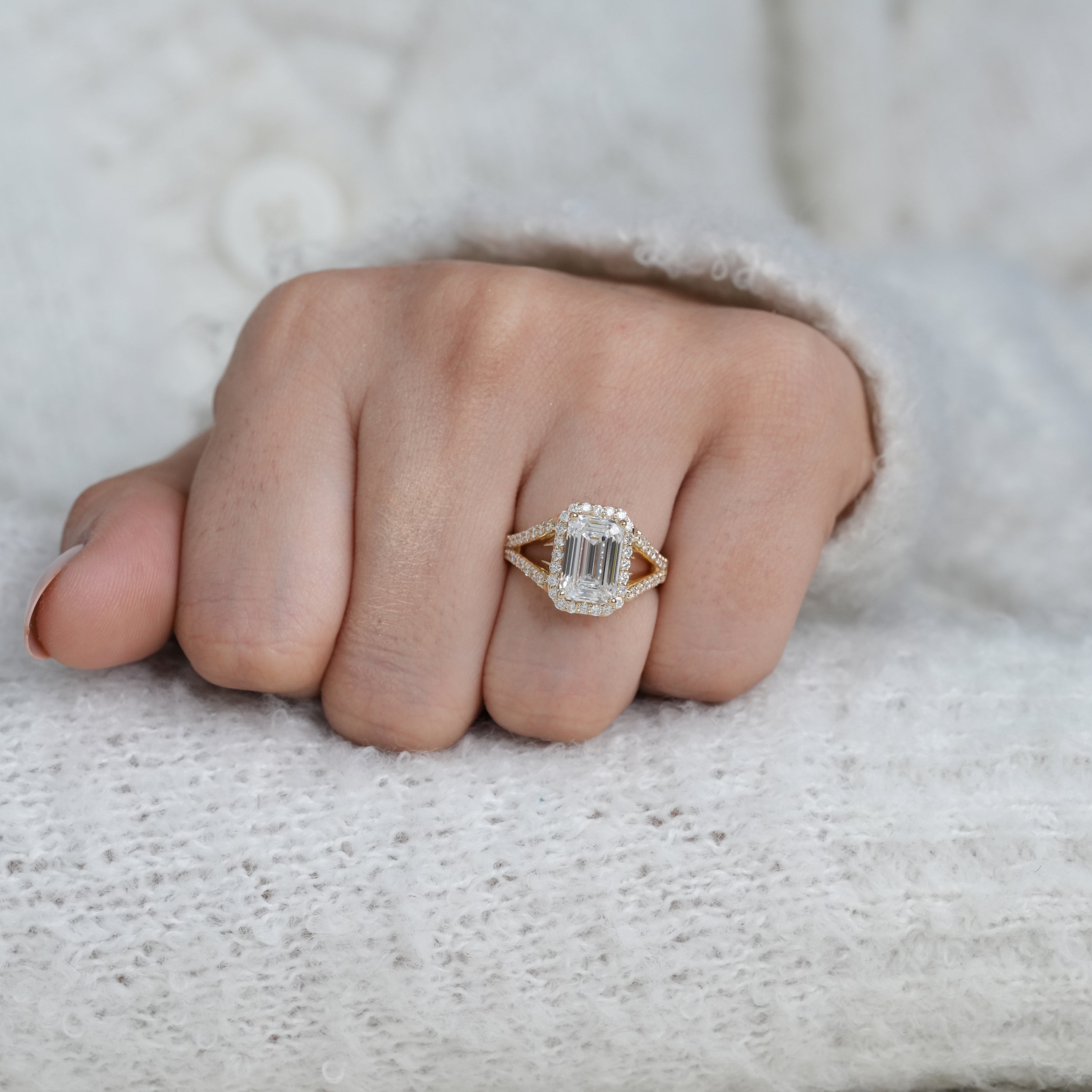 Yellow gold emerald lab grown diamond halo bridal ring