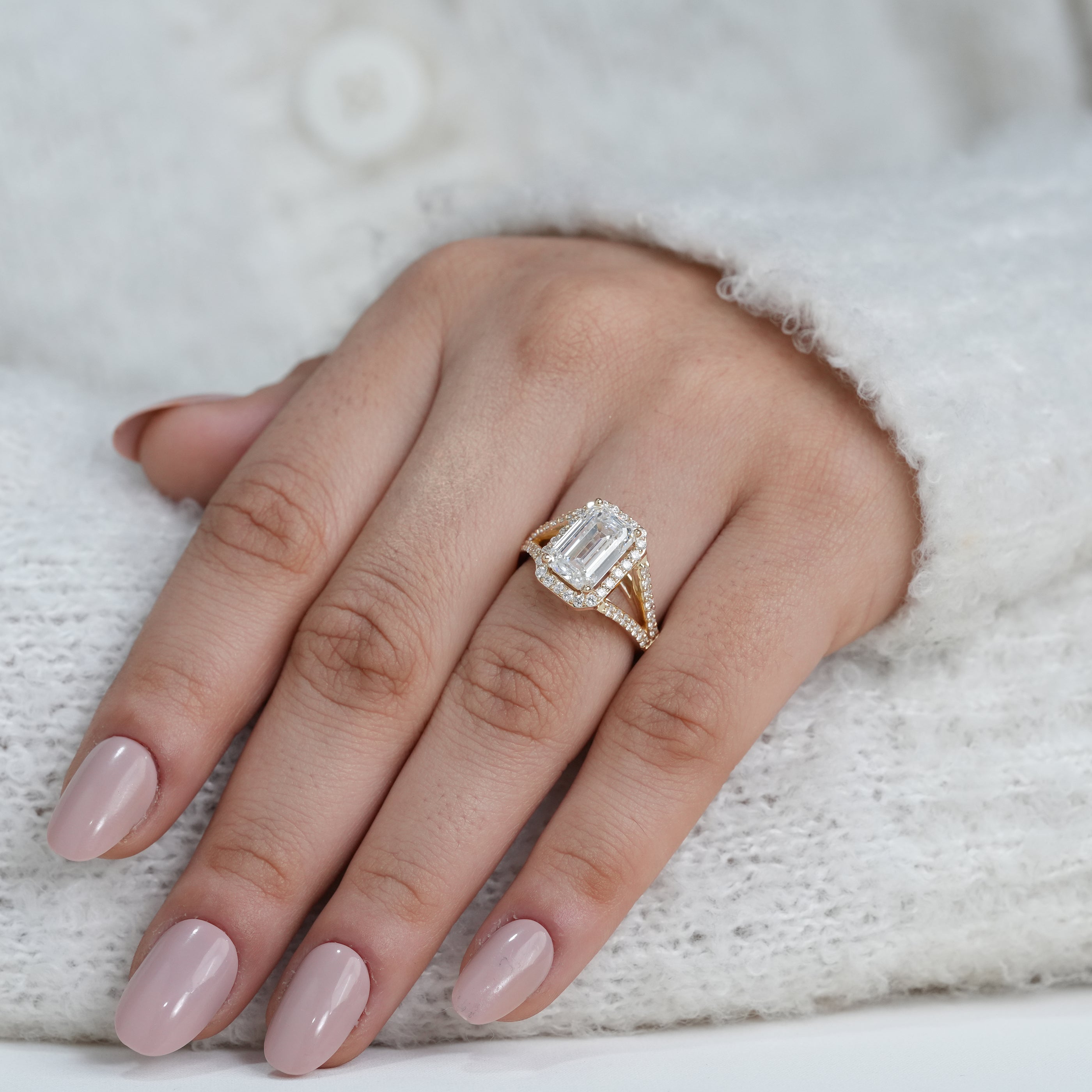 Emerald lab grown diamond ring with pavé accented band