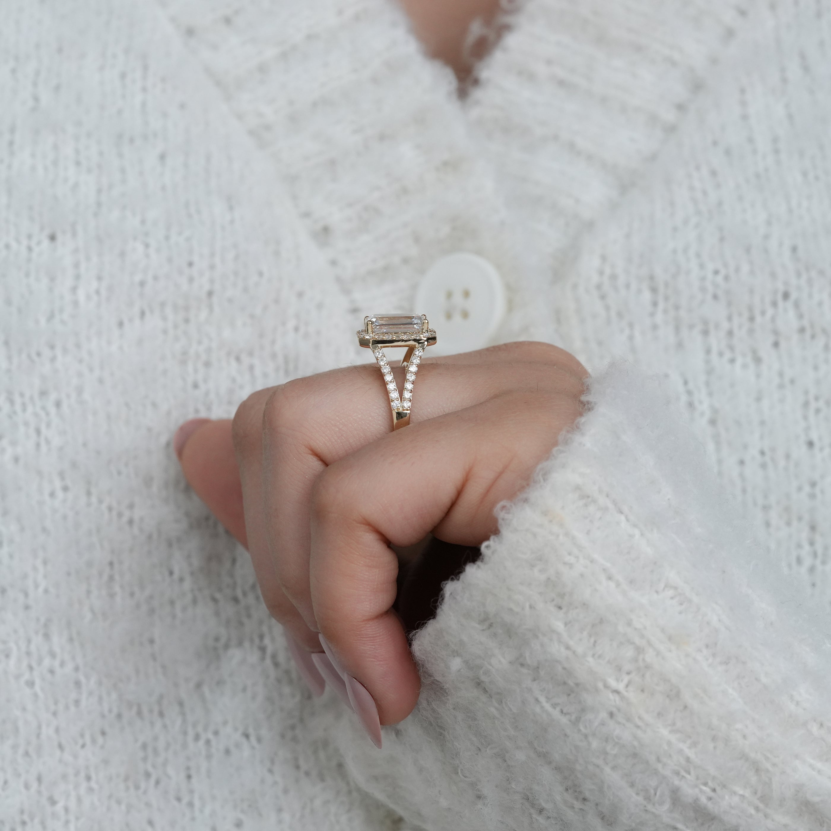 Elegant emerald cut lab grown diamond halo ring