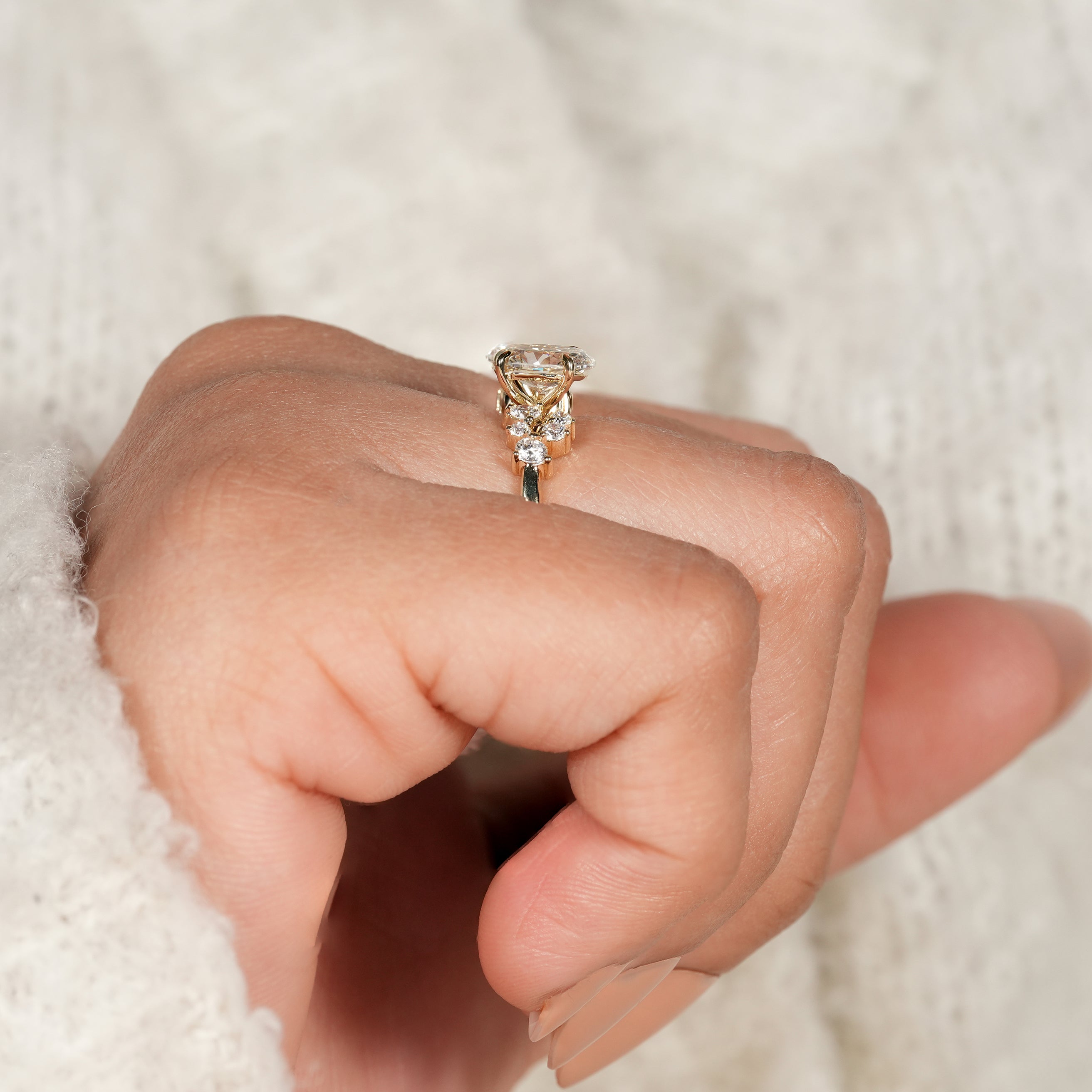 Minimalist Oval Diamond Engagement Ring with Organic Floral Design