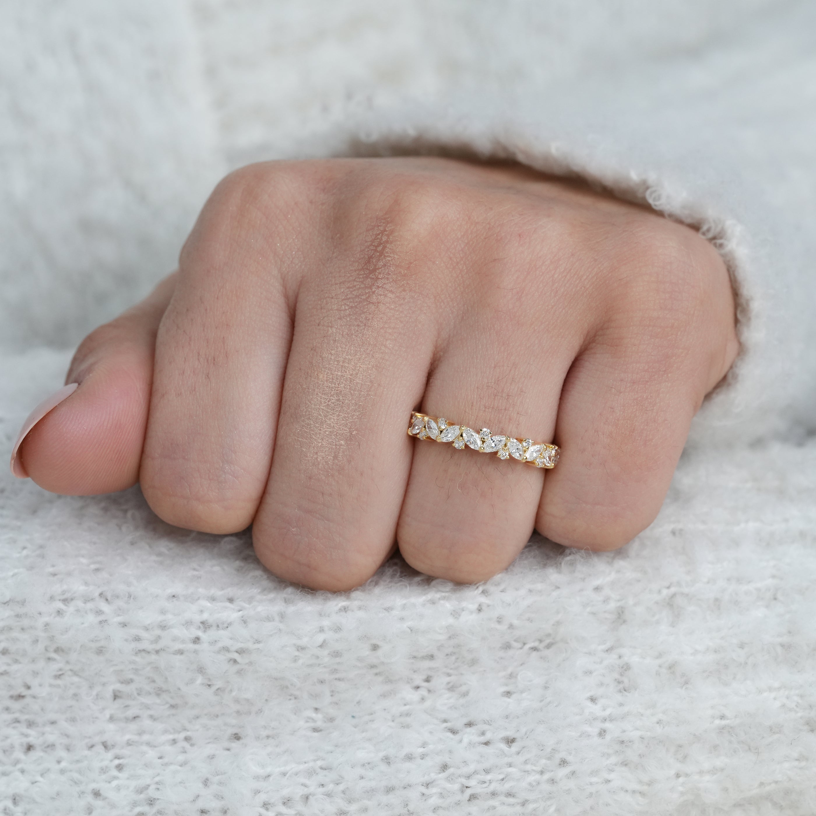Curved marquise lab grown diamond band with fine sparkle