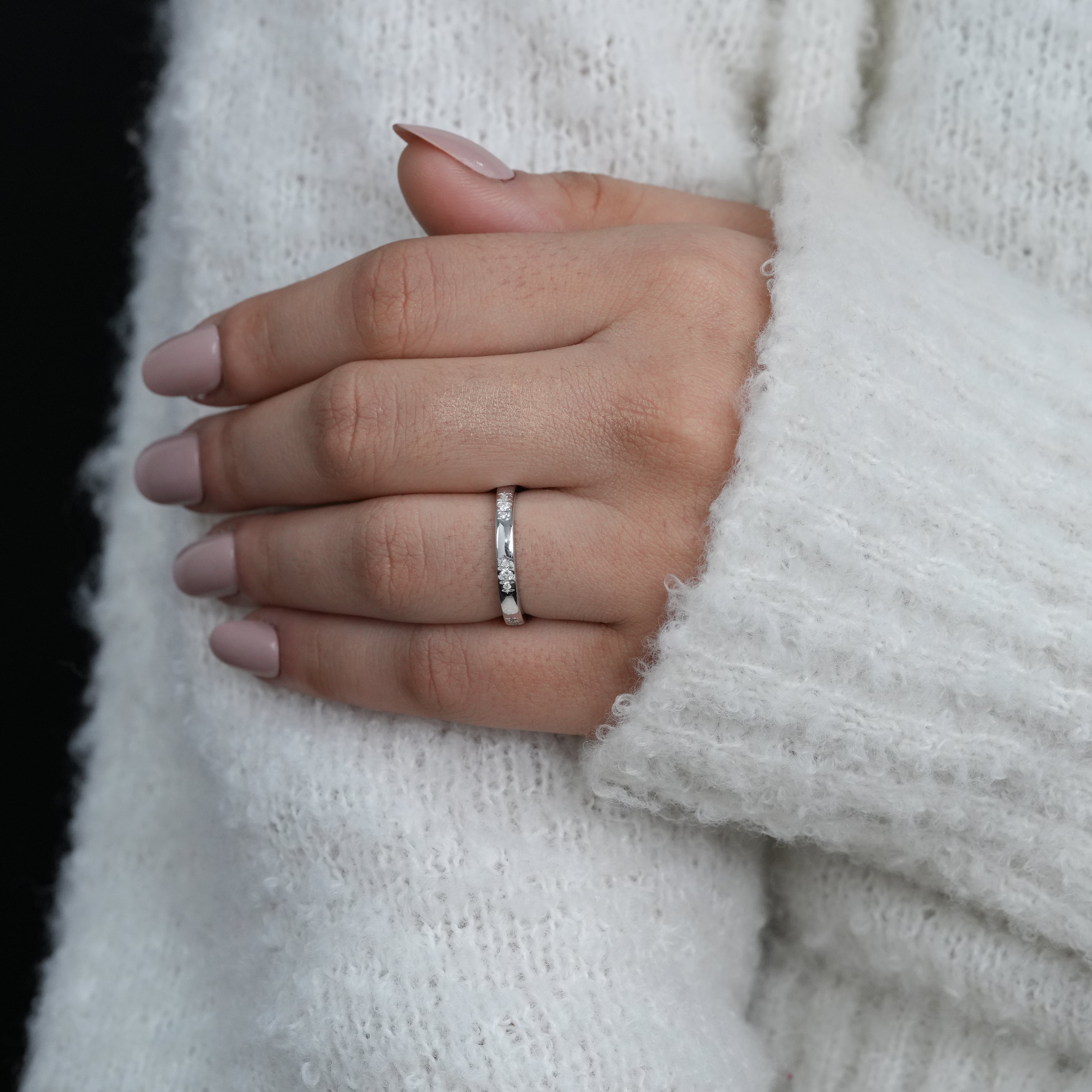 Elegant white gold stacking band with tiny diamonds