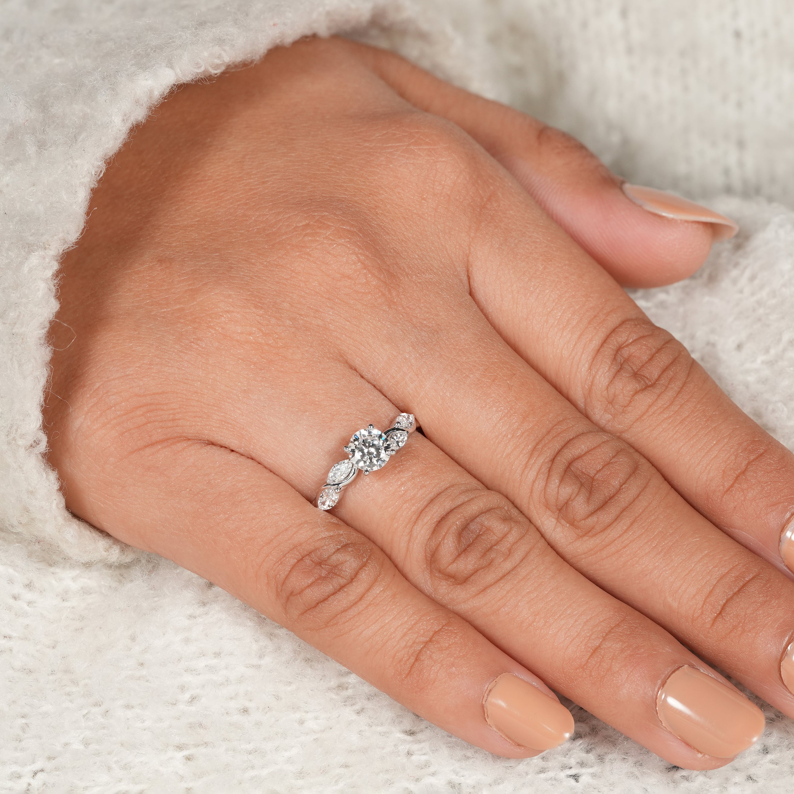 Romantic White Gold Engagement Ring with Round Diamond Center Stone