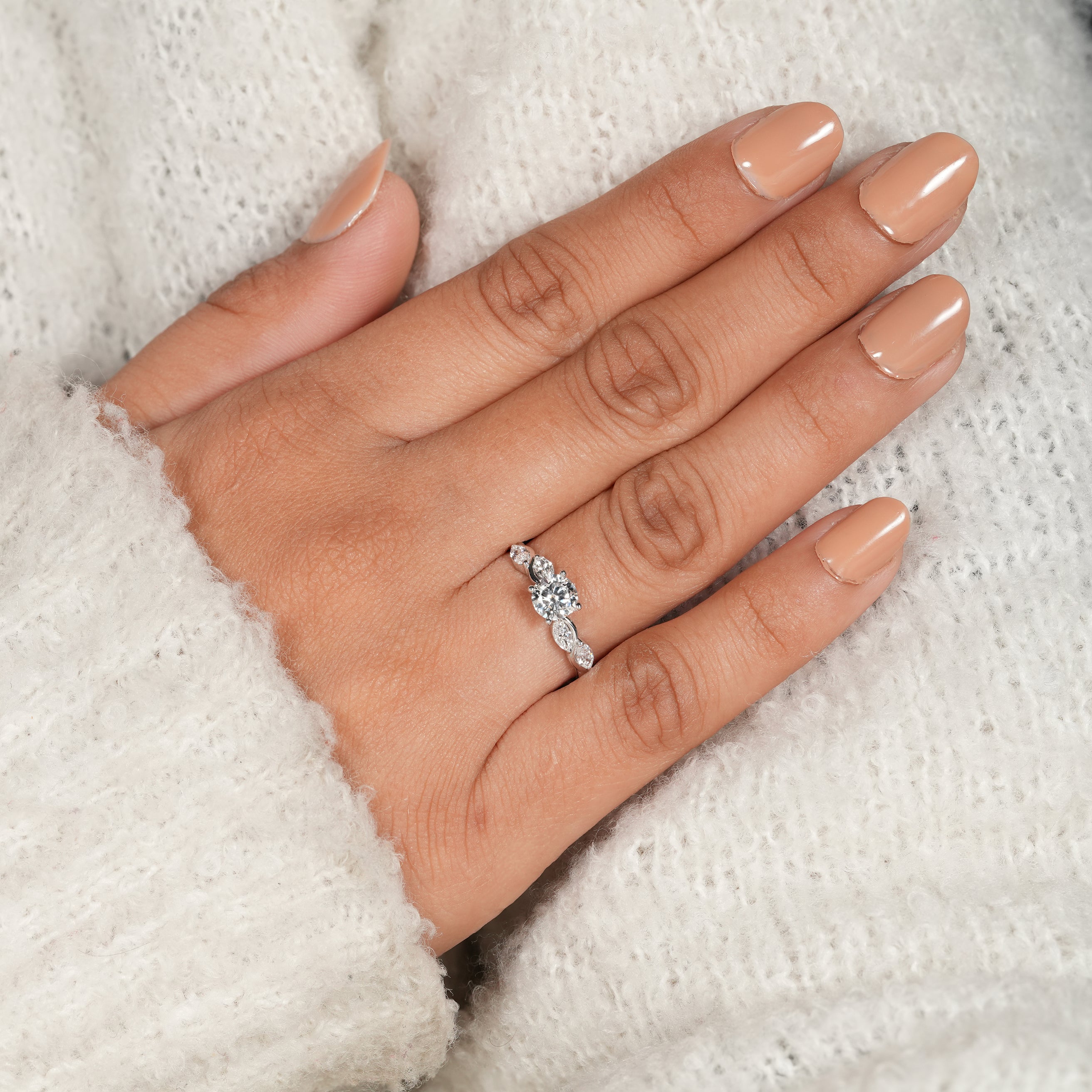 White Gold Round Lab Diamond Ring with Twisted Leaf Detailing