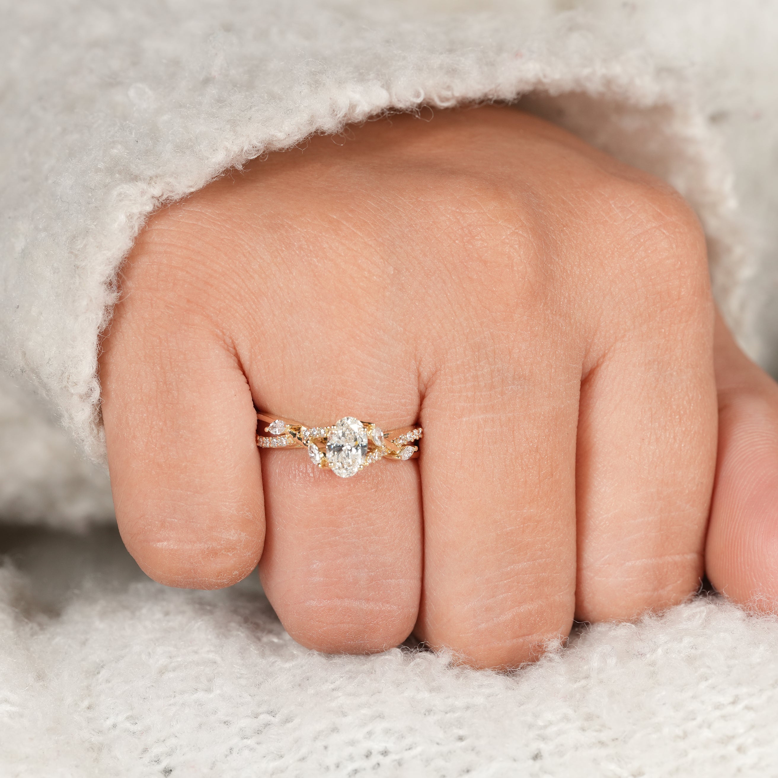 Yellow Gold Oval Diamond Ring with Nature Inspired Vine Setting