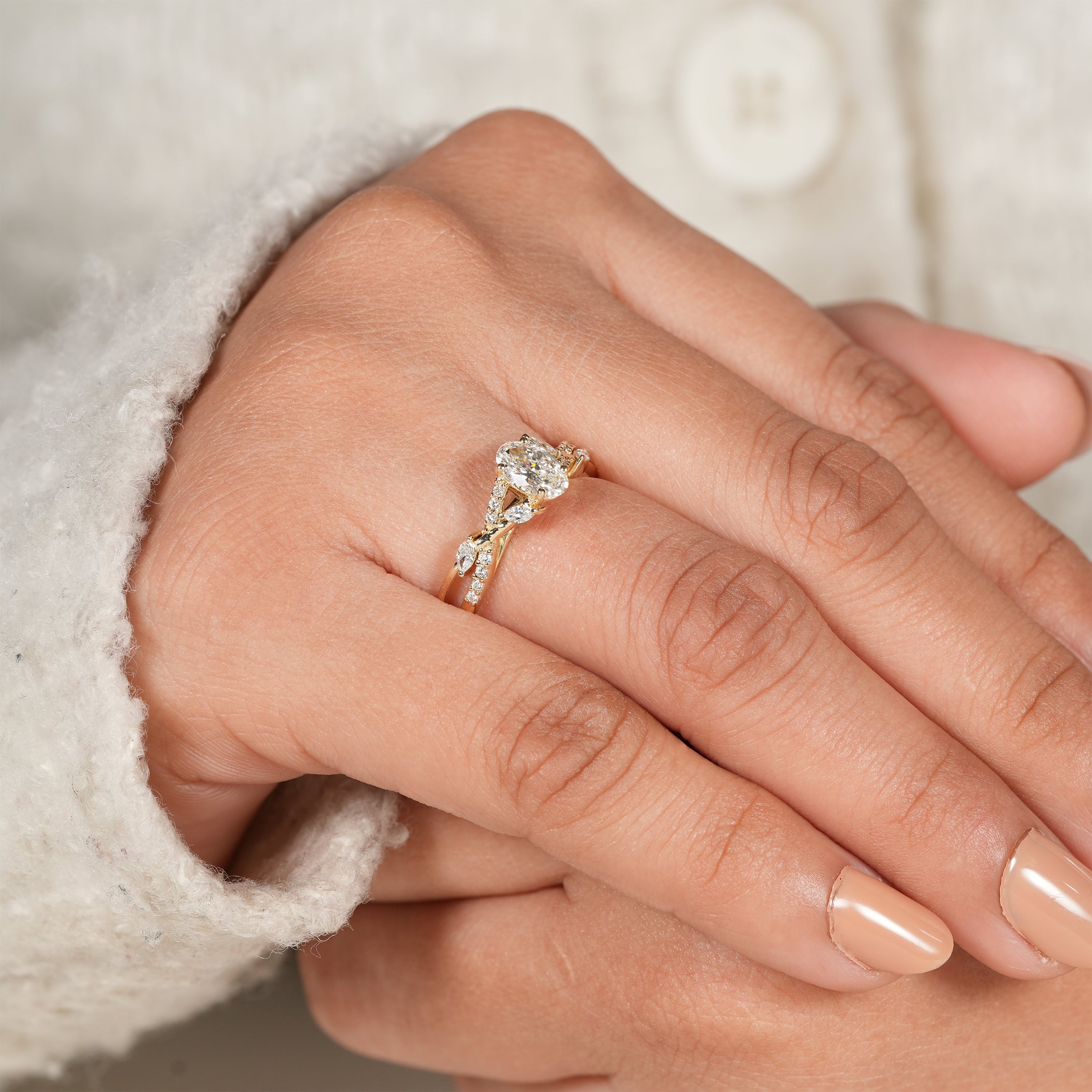 Handmade Oval Diamond Engagement Ring with Marquise Leaf Design