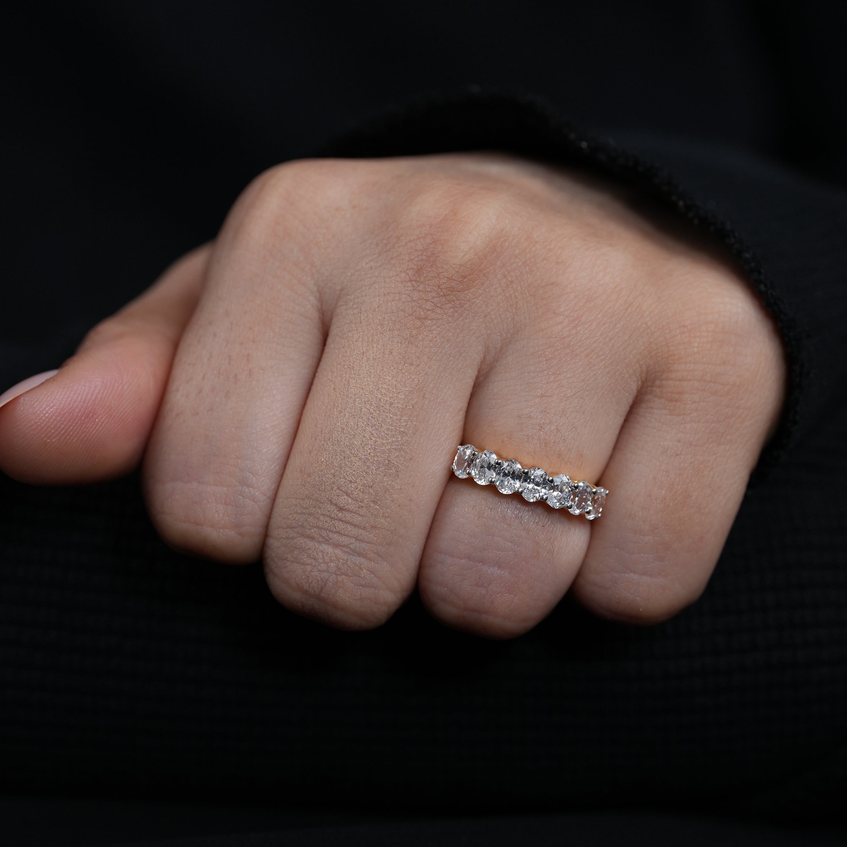 Classic oval lab grown diamond wedding band shared prong gold setting