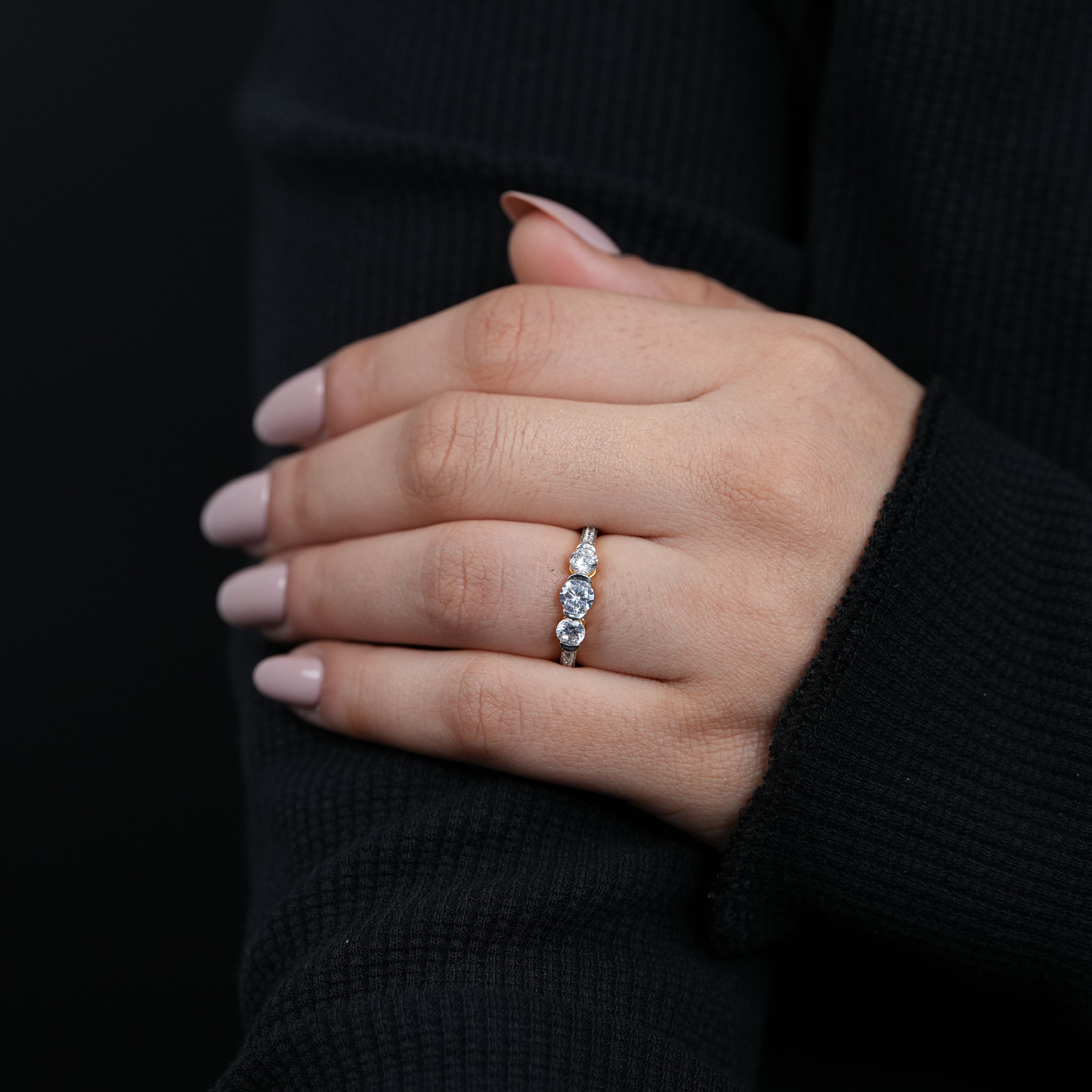 Elegant trilogy lab grown diamond ring with polished yellow gold