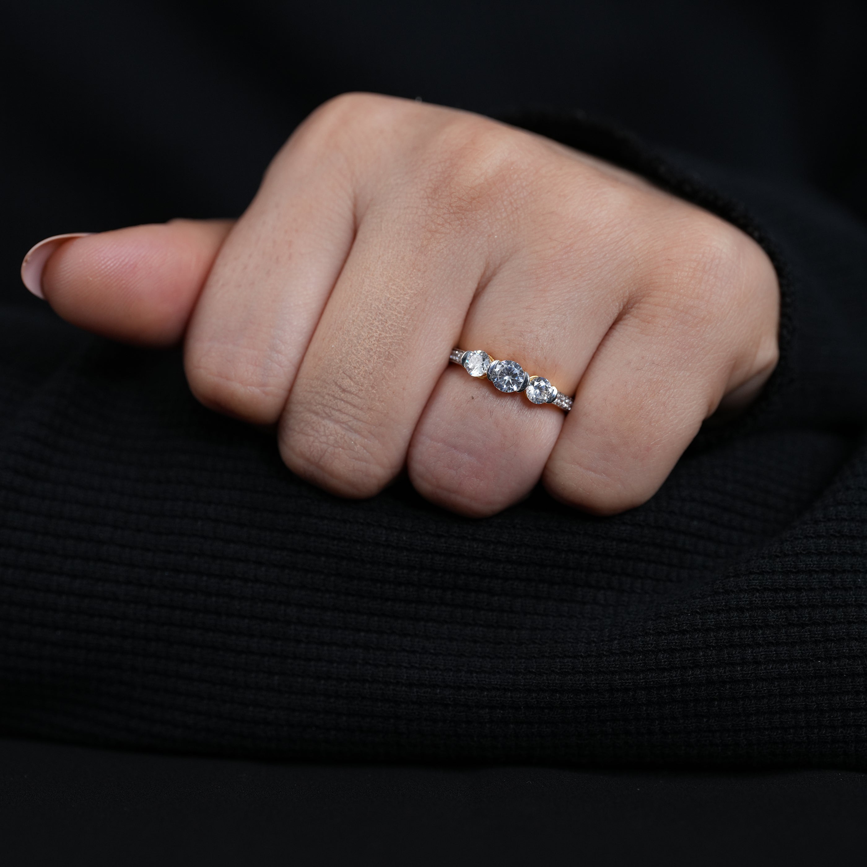 Bridal three stone round lab grown diamond ring white gold setting