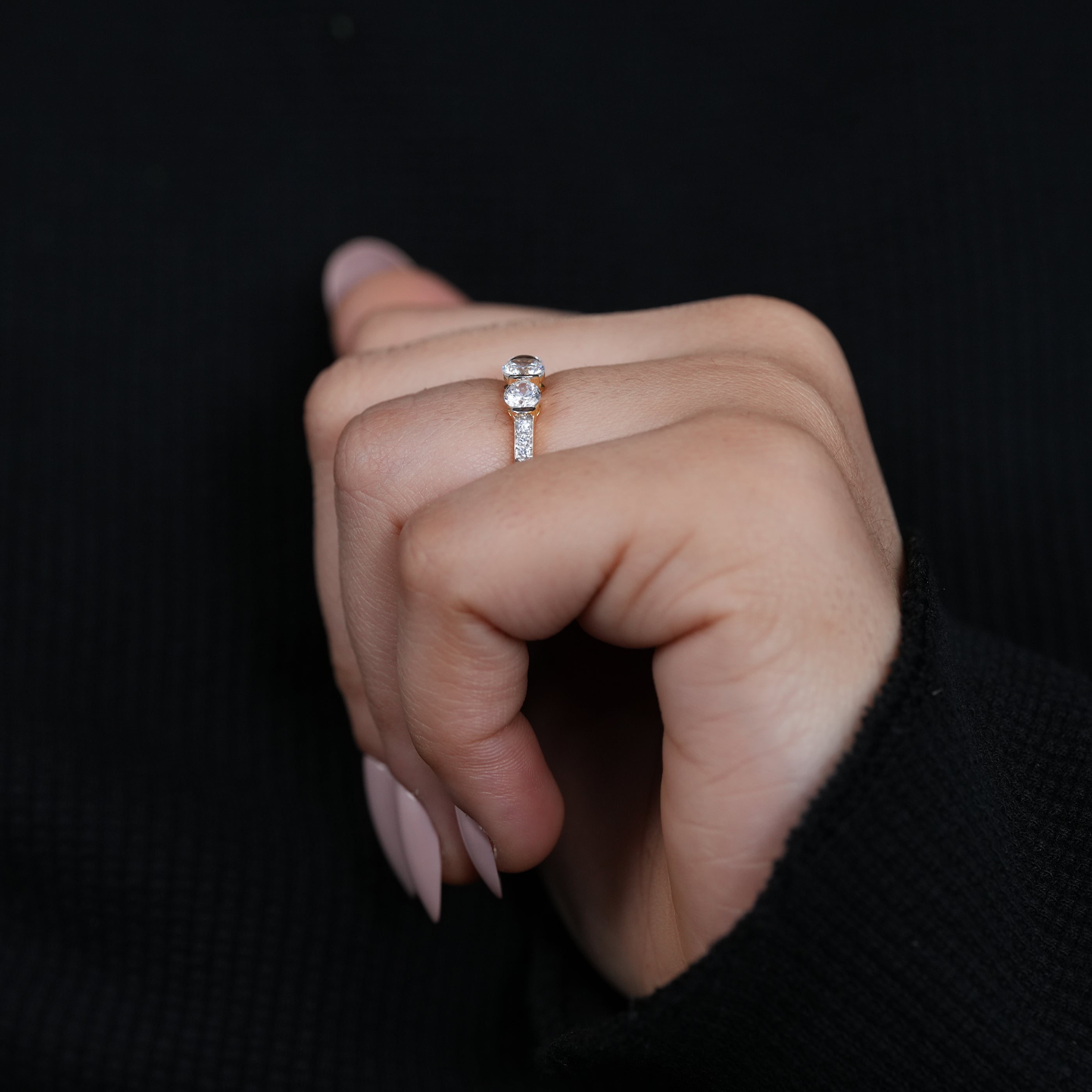 Timeless yellow gold trilogy lab grown diamond engagement ring front view