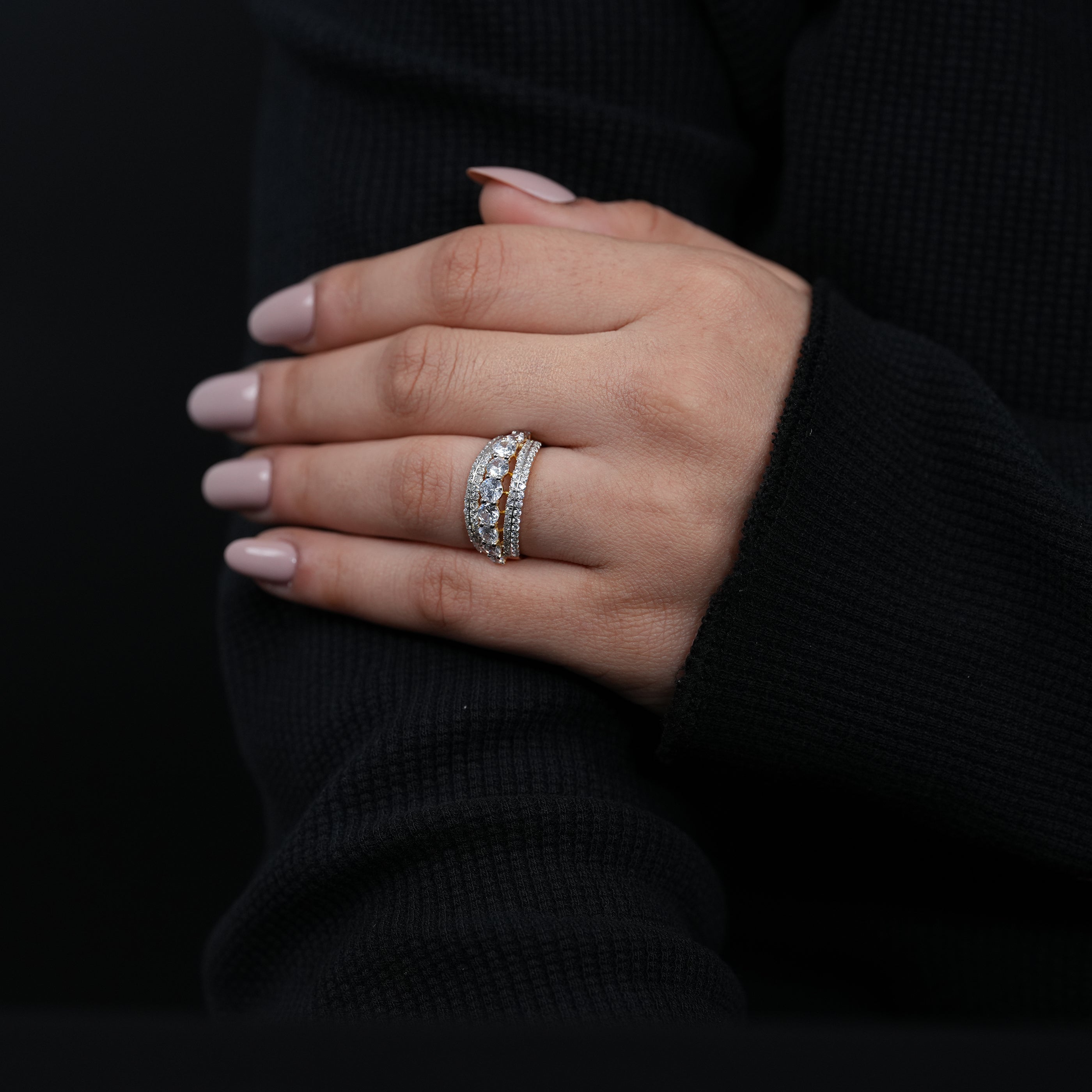 Designer wide band featuring round lab grown diamonds pavé accents