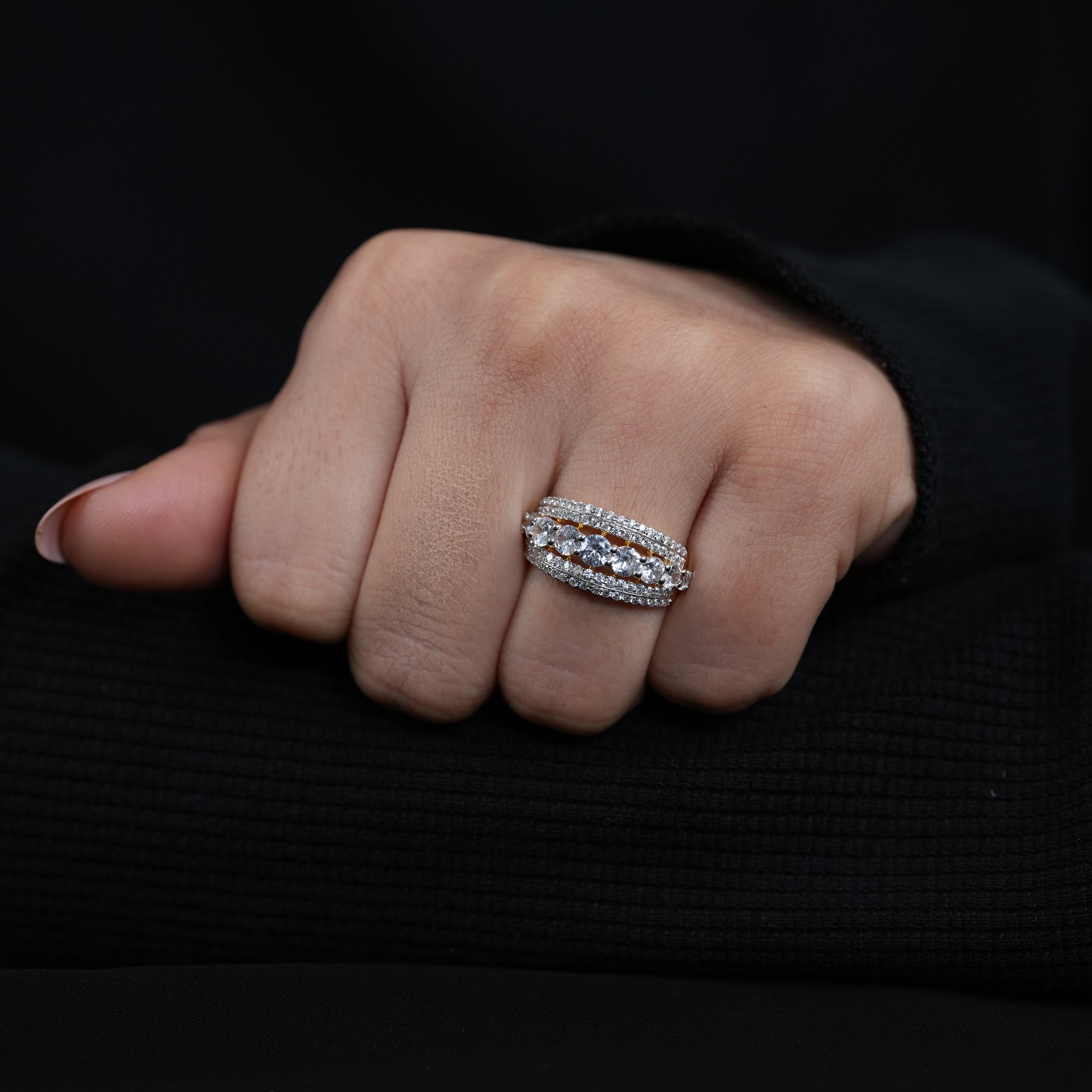 Contemporary wide wedding ring with brilliant lab grown diamond rows