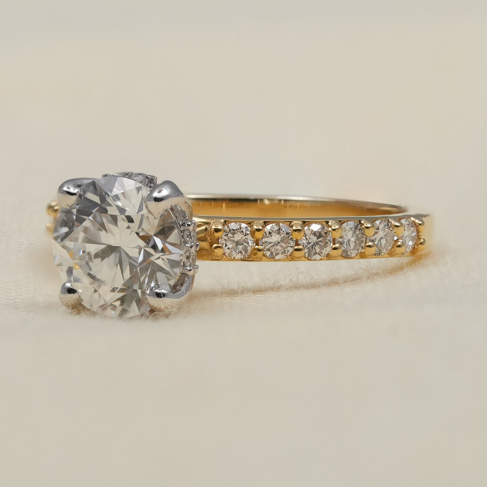 Classic round lab grown diamond ring with slim yellow gold band