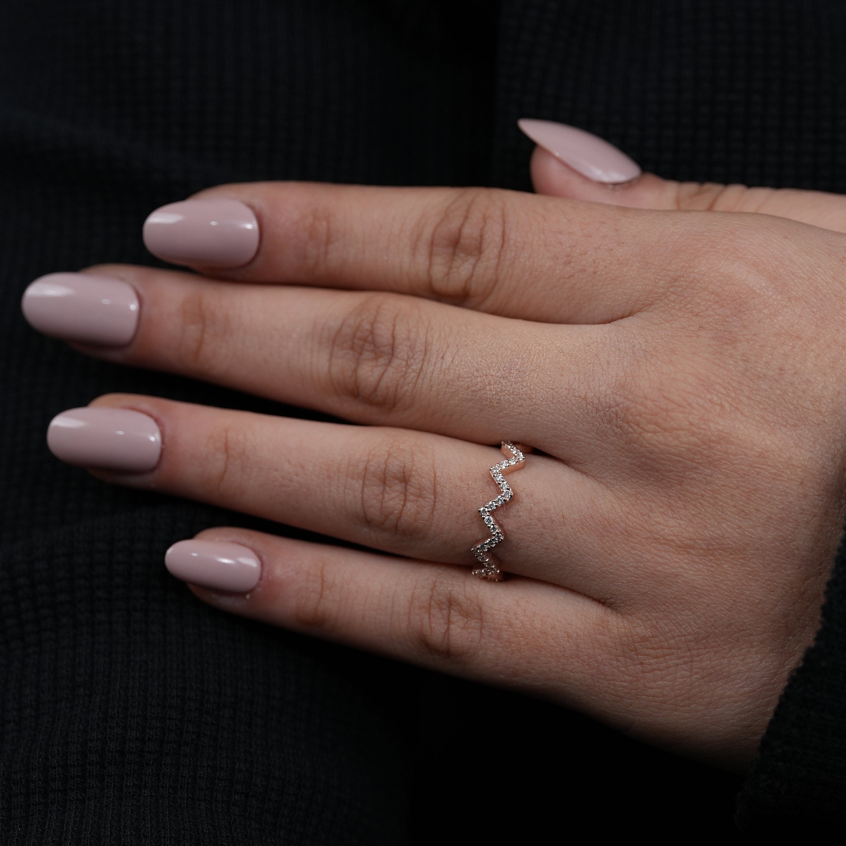Contemporary rose gold chevron band with lab grown diamond accents