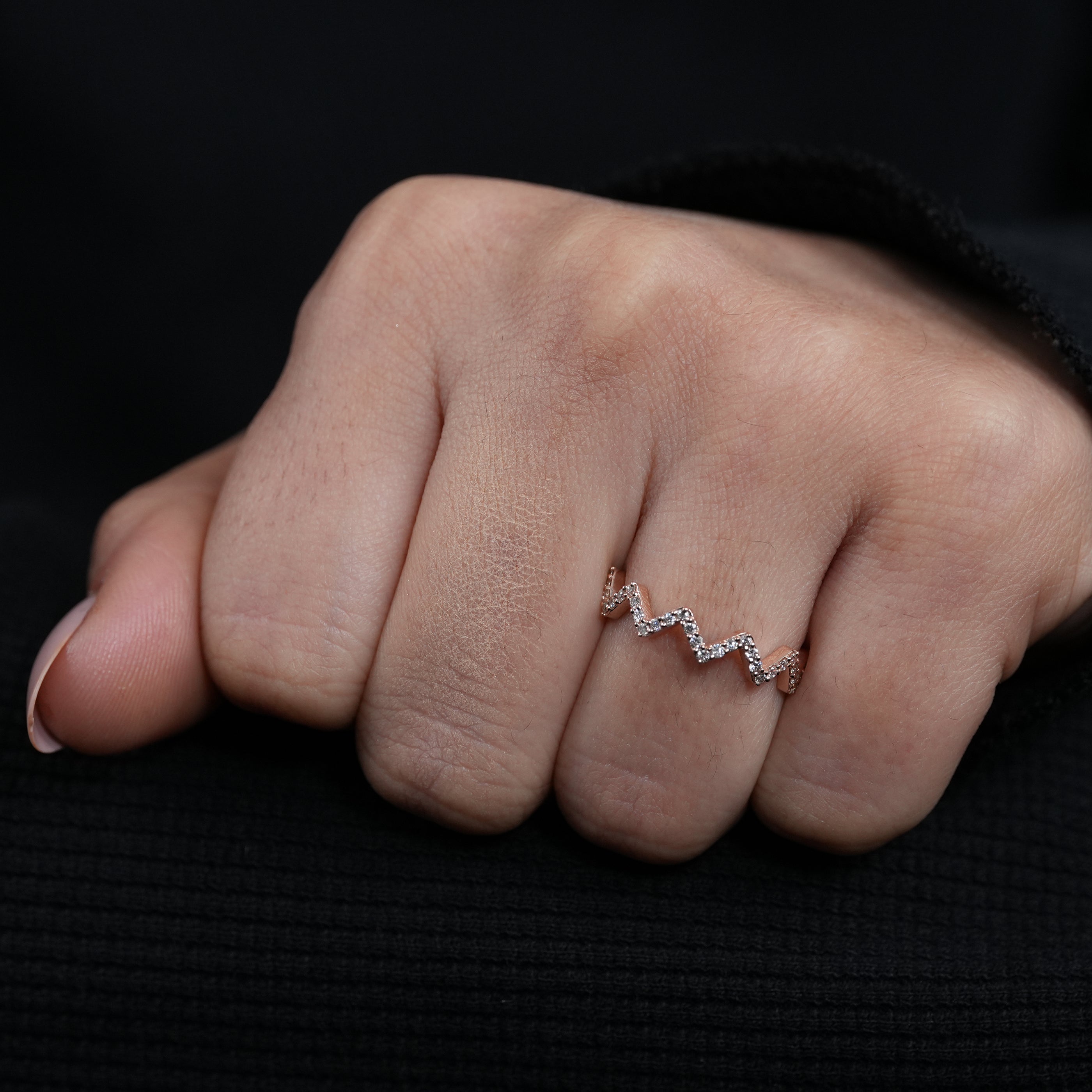 Elegant rose gold chevron stacking ring featuring lab grown diamonds