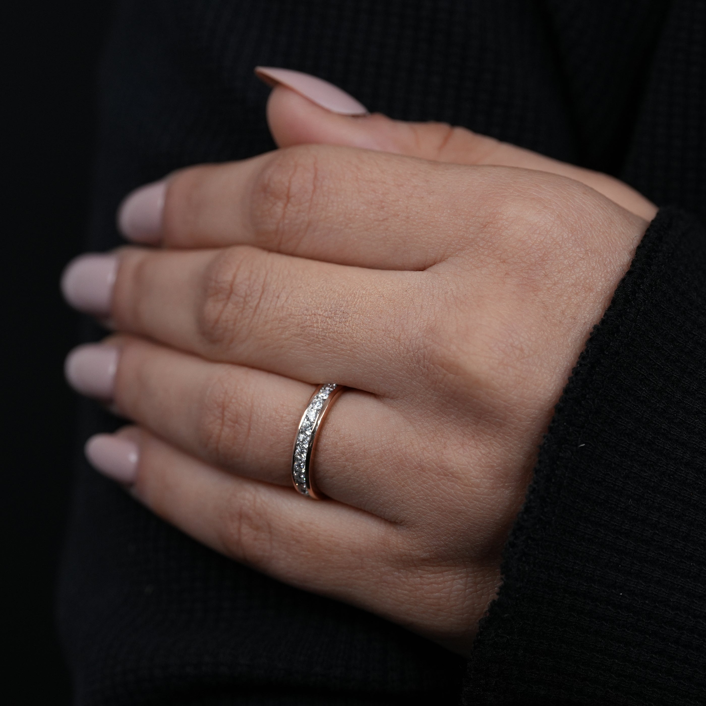 Classic rose gold channel set lab grown diamond anniversary ring