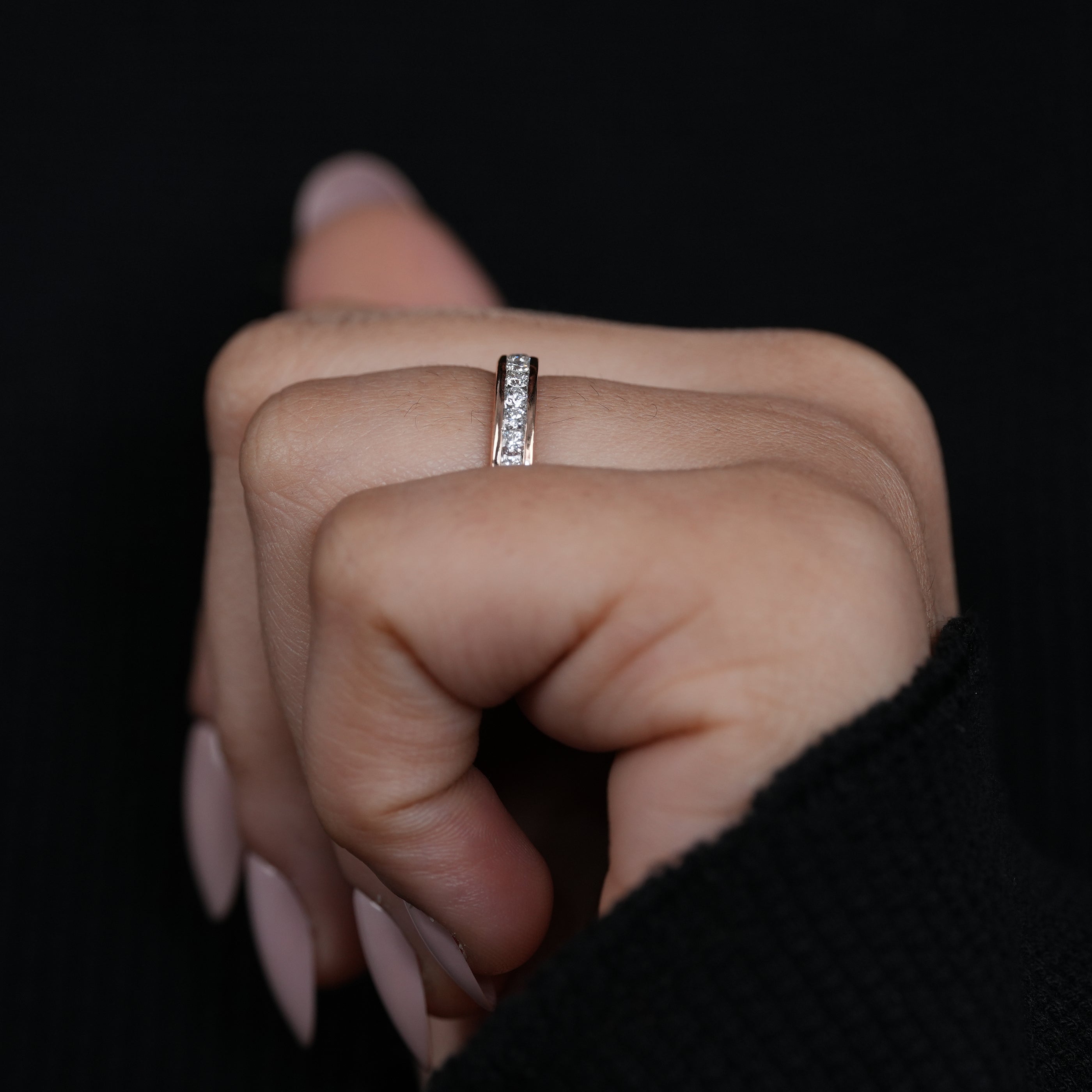 Stackable rose gold lab grown diamond band sleek channel setting