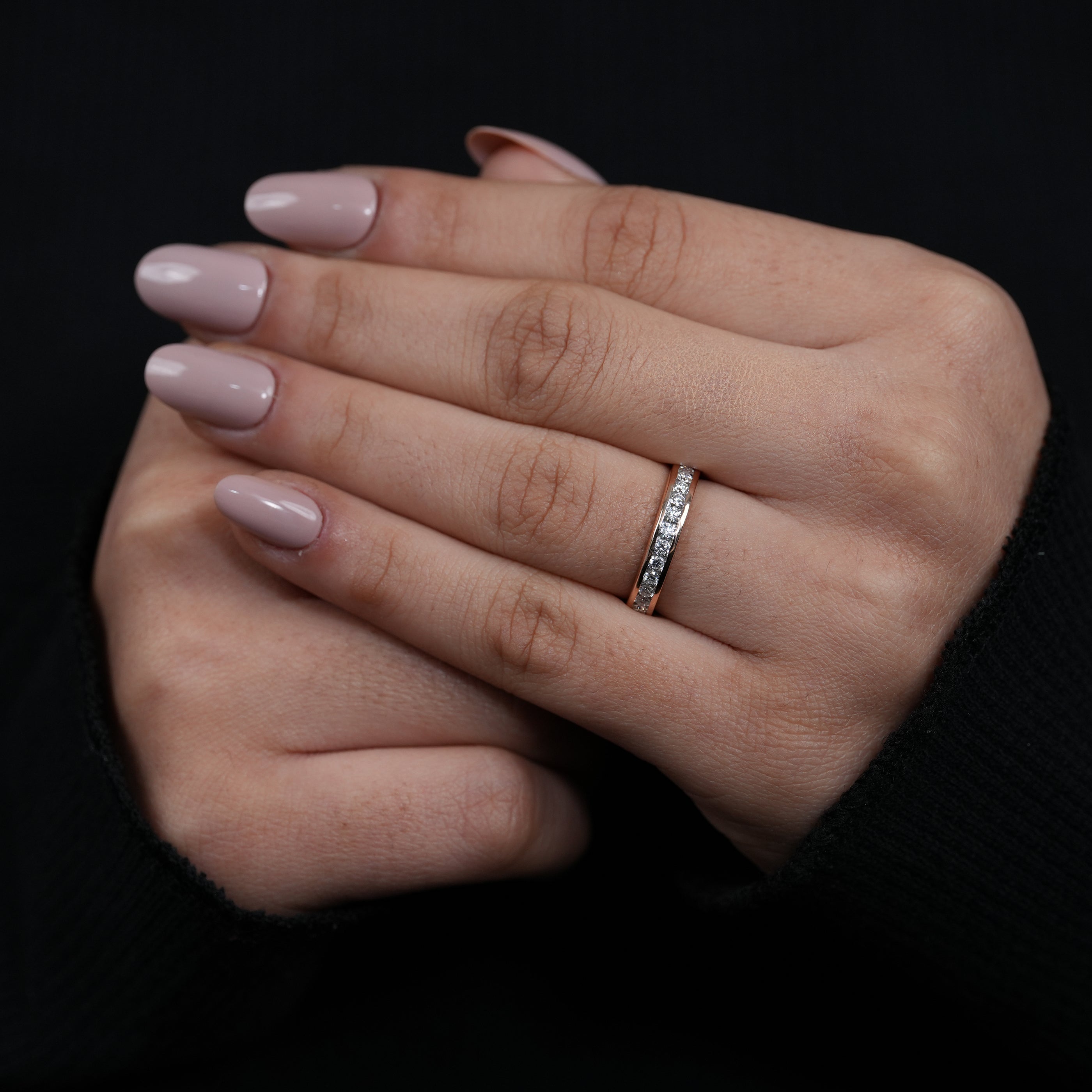 Modern bridal rose gold channel set lab grown diamond band