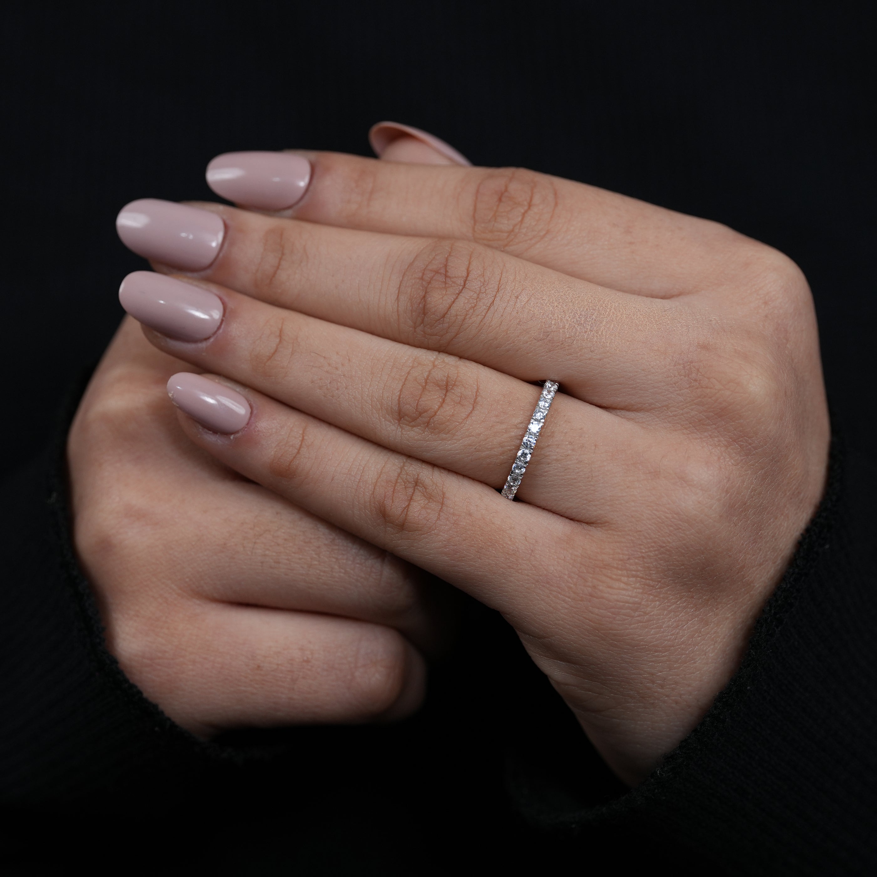 Delicate stacking band with continuous lab grown diamond row