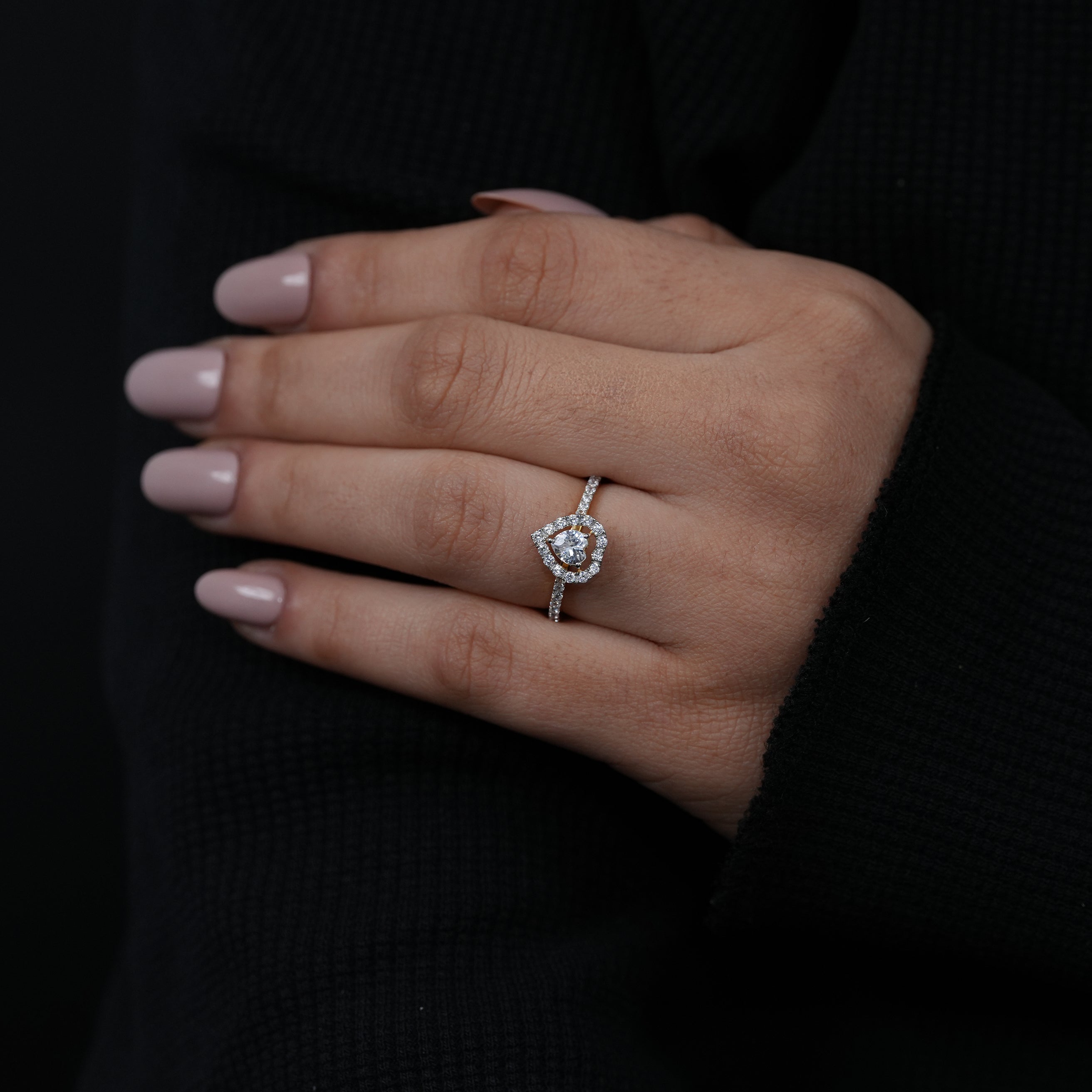 Elegant heart lab grown diamond ring with brilliant halo and pavé band