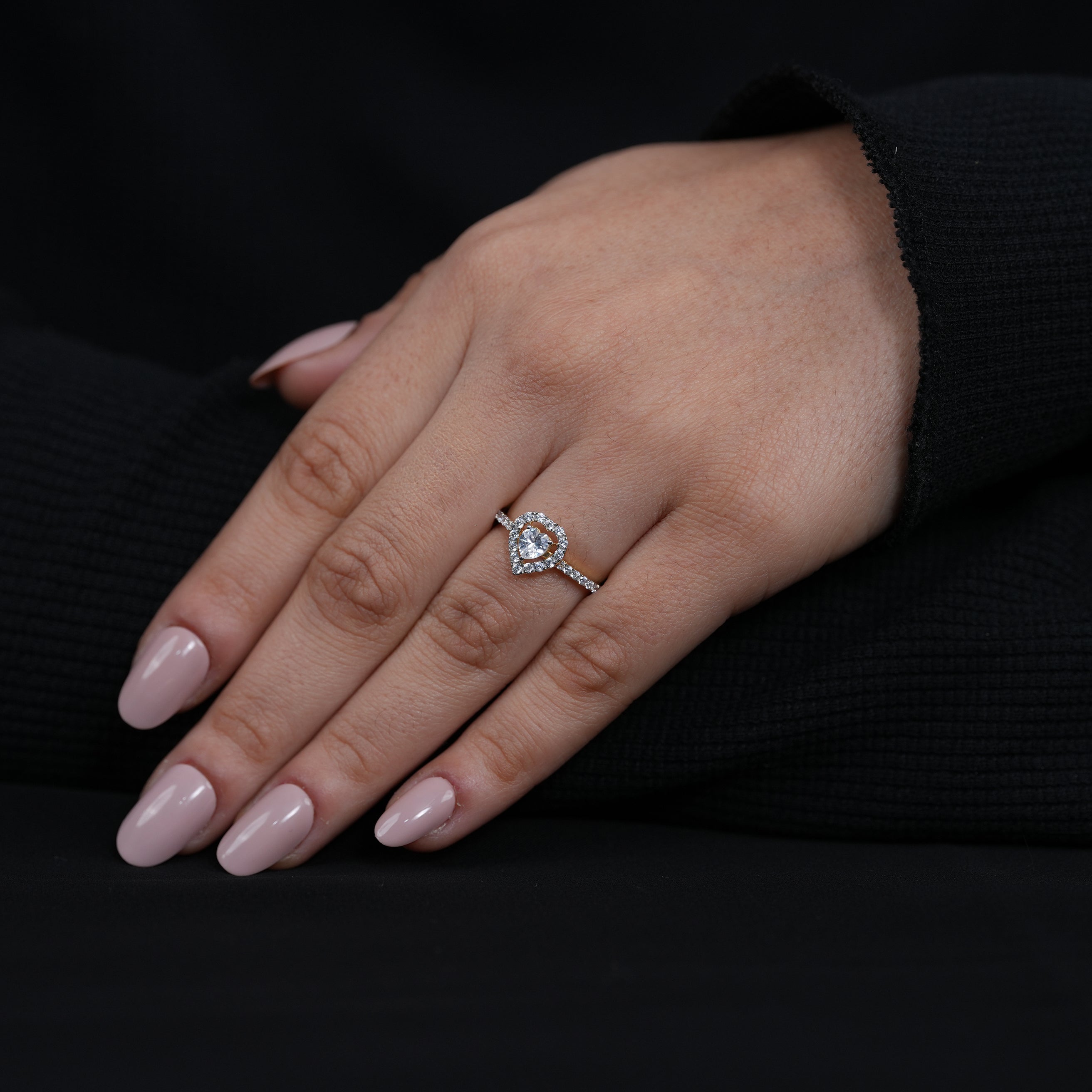 Delicate heart lab grown diamond ring with shimmering halo setting