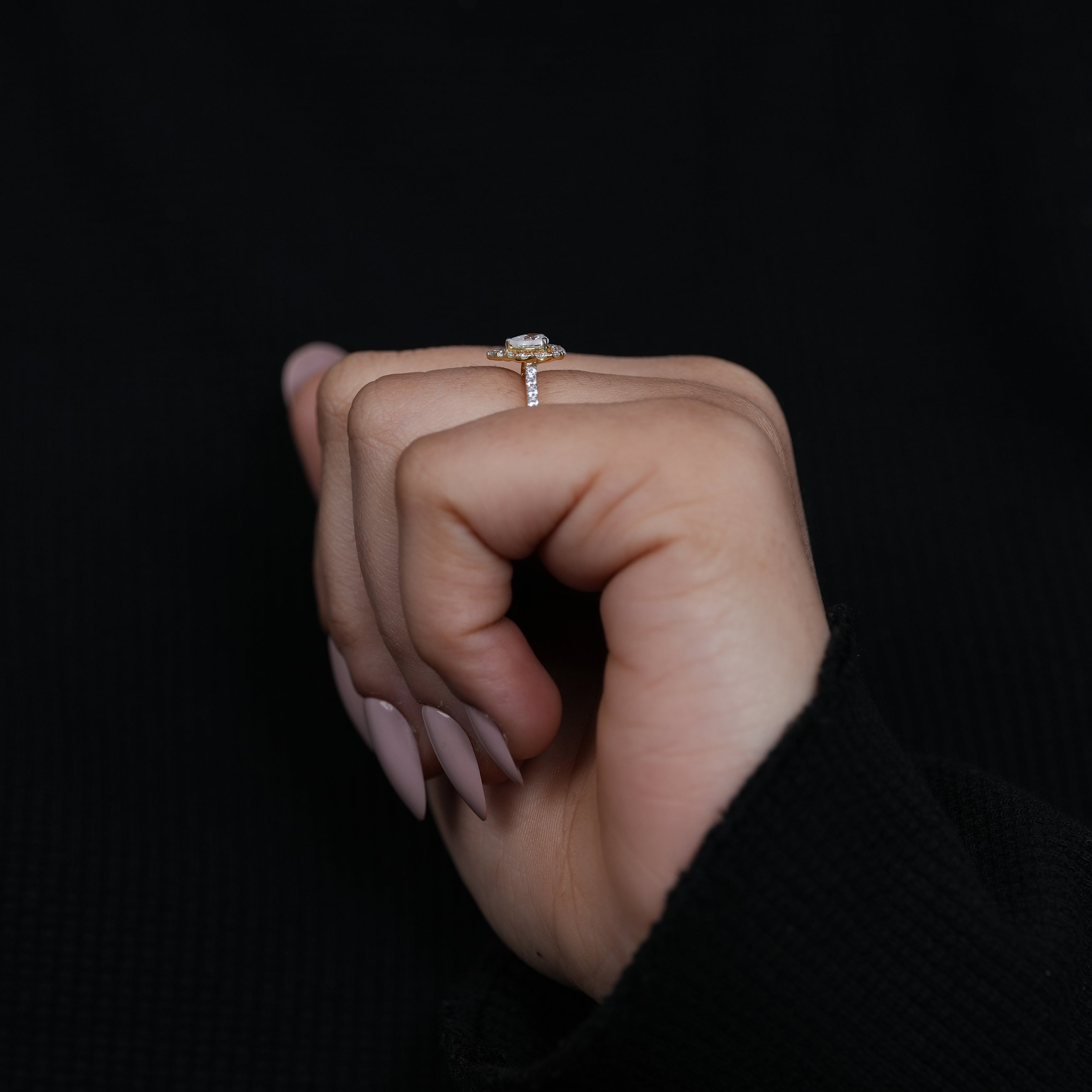 Classic heart lab grown diamond proposal ring with pavé diamond band