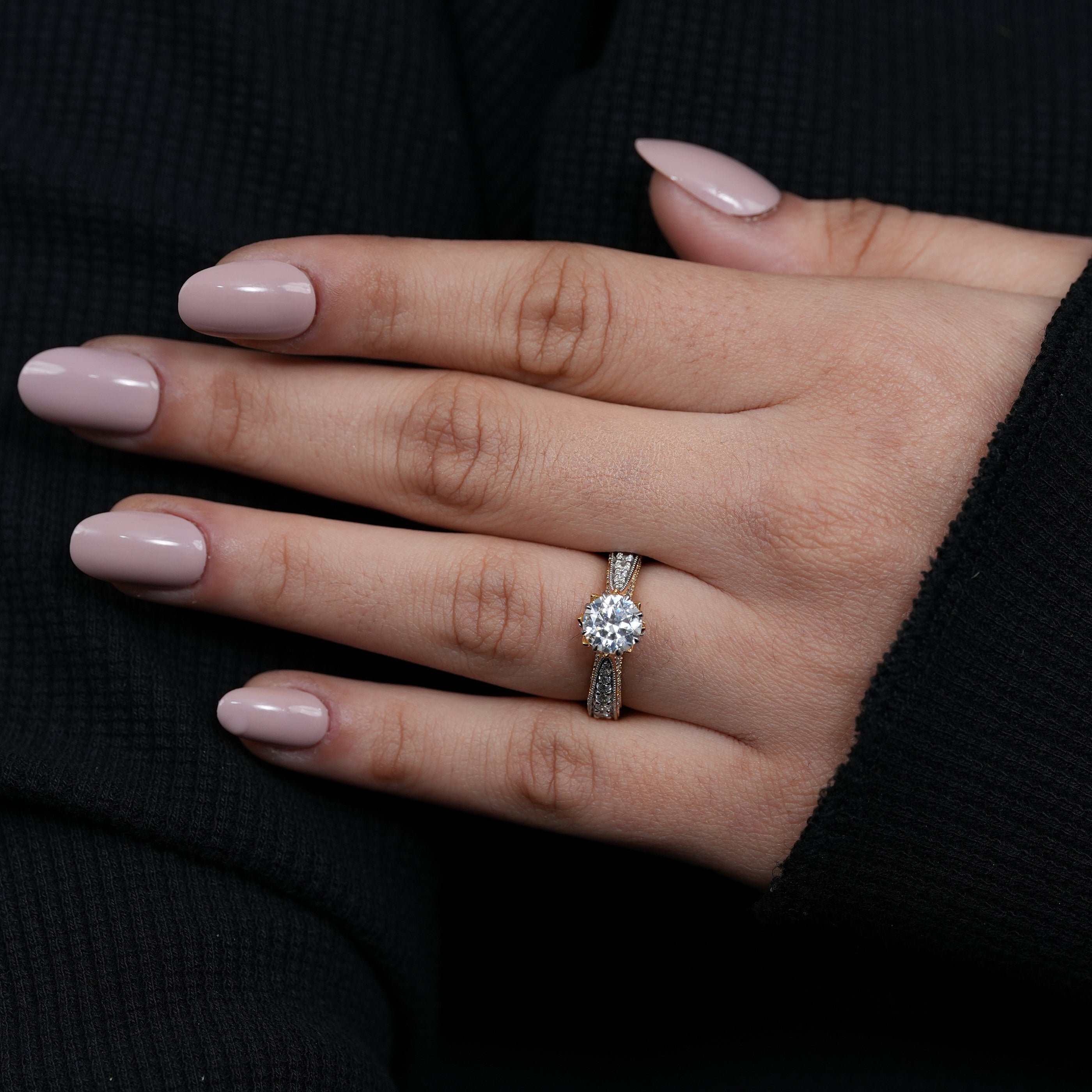 Classic round lab grown diamond ring milgrain pavé split band