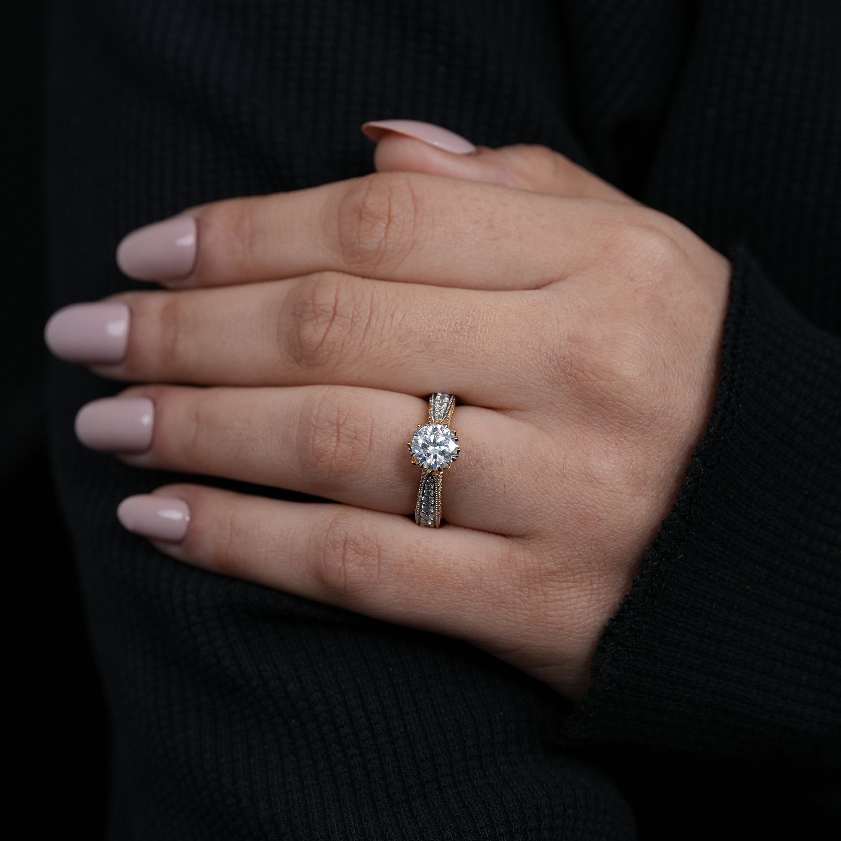 Fine jewelry lab grown diamond solitaire ring detailed vintage design