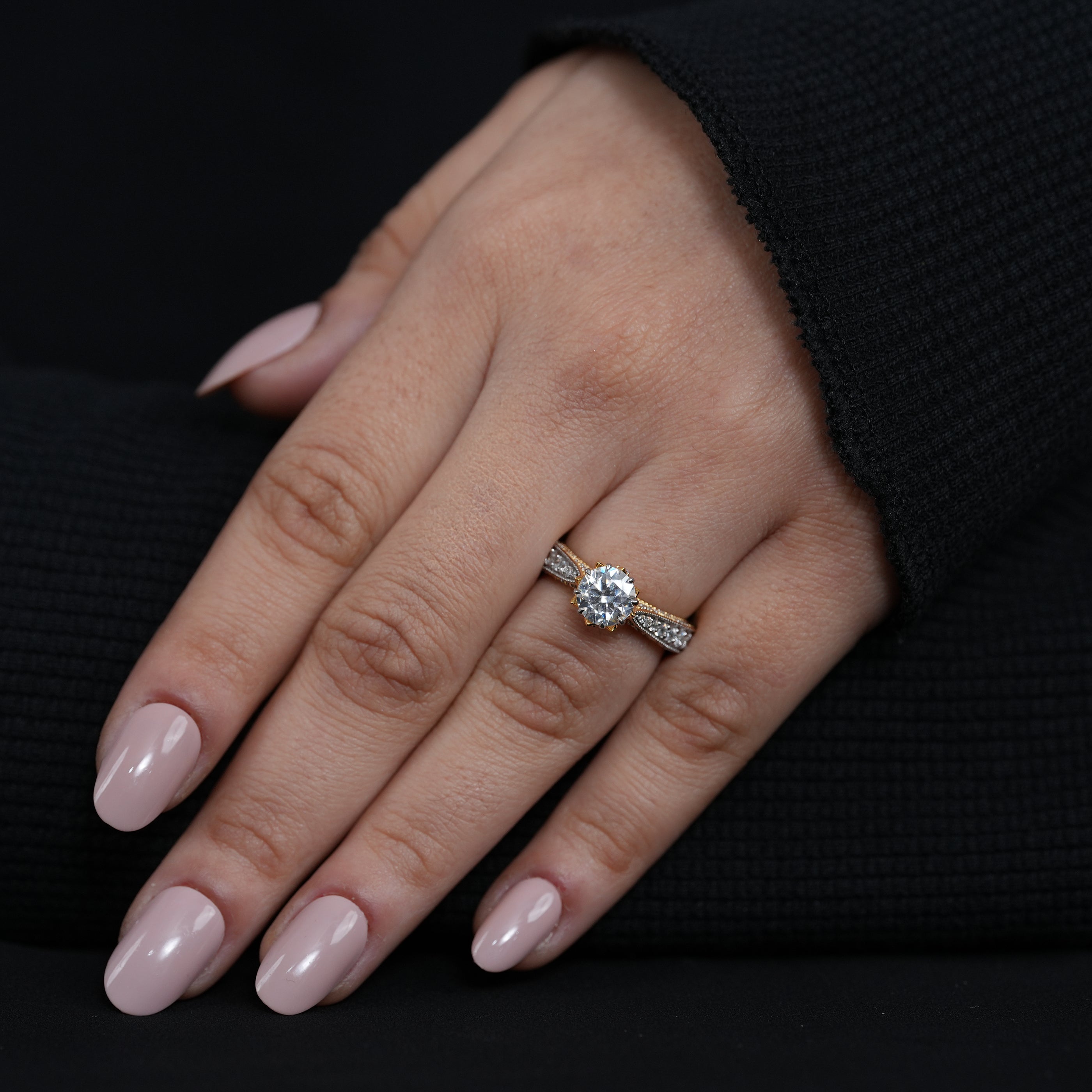 Designer lab grown diamond solitaire ring intricate pavé yellow gold