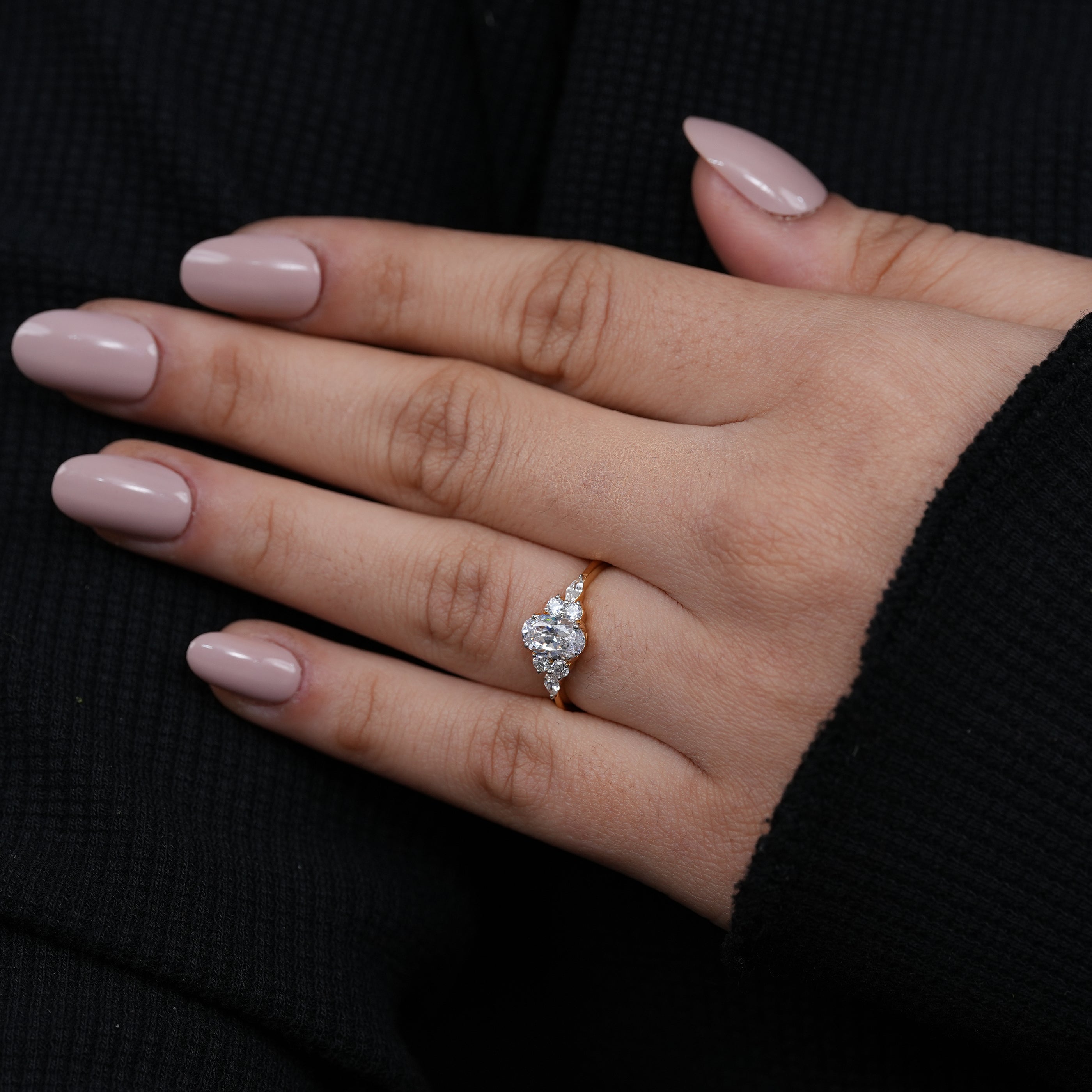 Elegant oval lab grown diamond three stone engagement ring modern yellow gold