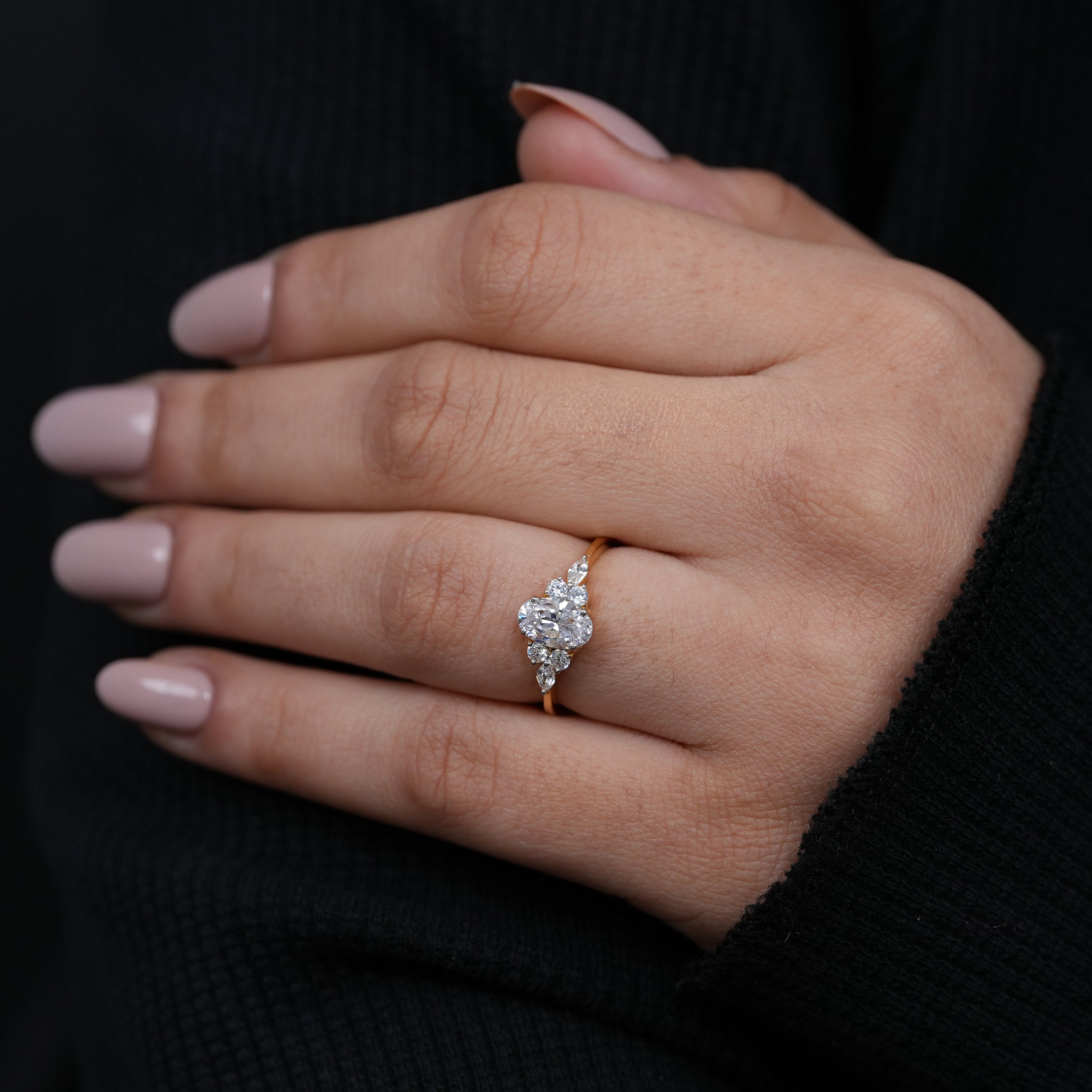 Delicate yellow gold oval lab grown diamond ring vintage inspired cluster setting