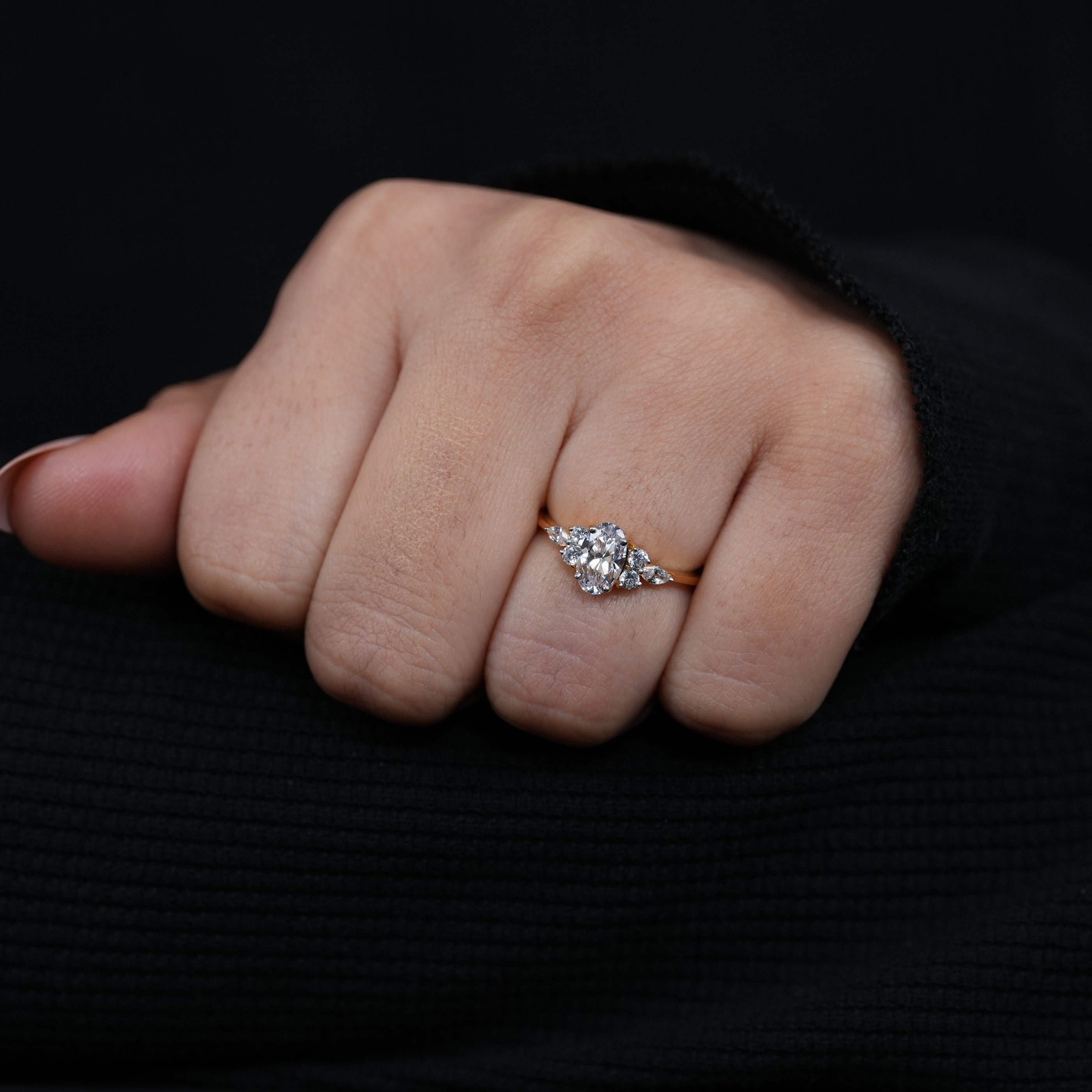 Luxury oval lab grown diamond ring with symmetrical marquise side stones