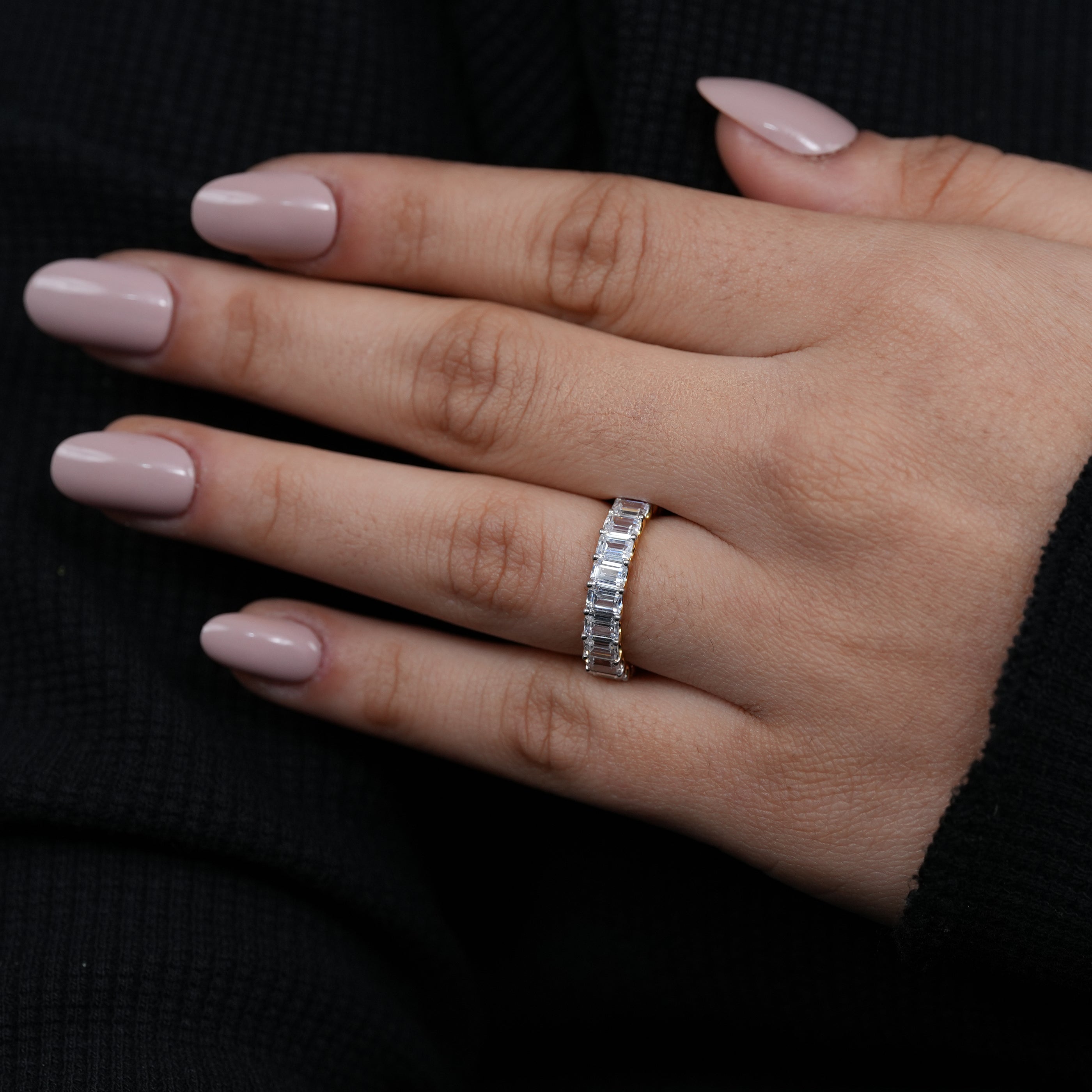 Stackable yellow gold emerald cut lab grown diamond full eternity ring