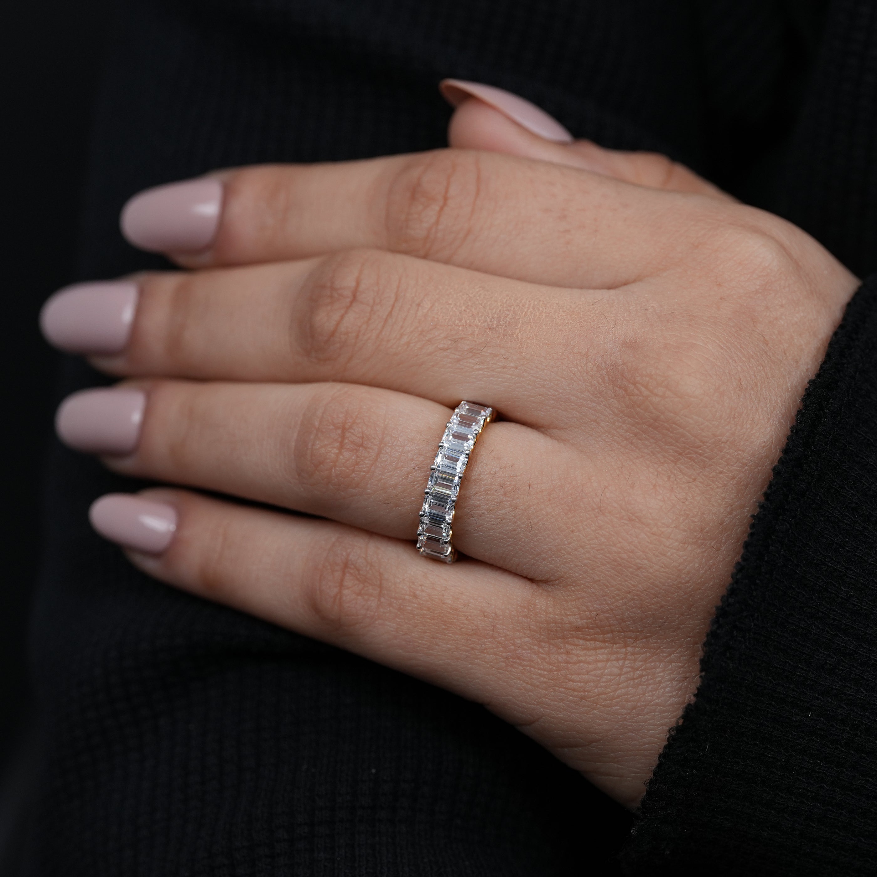 Polished yellow gold emerald cut lab grown diamond anniversary band