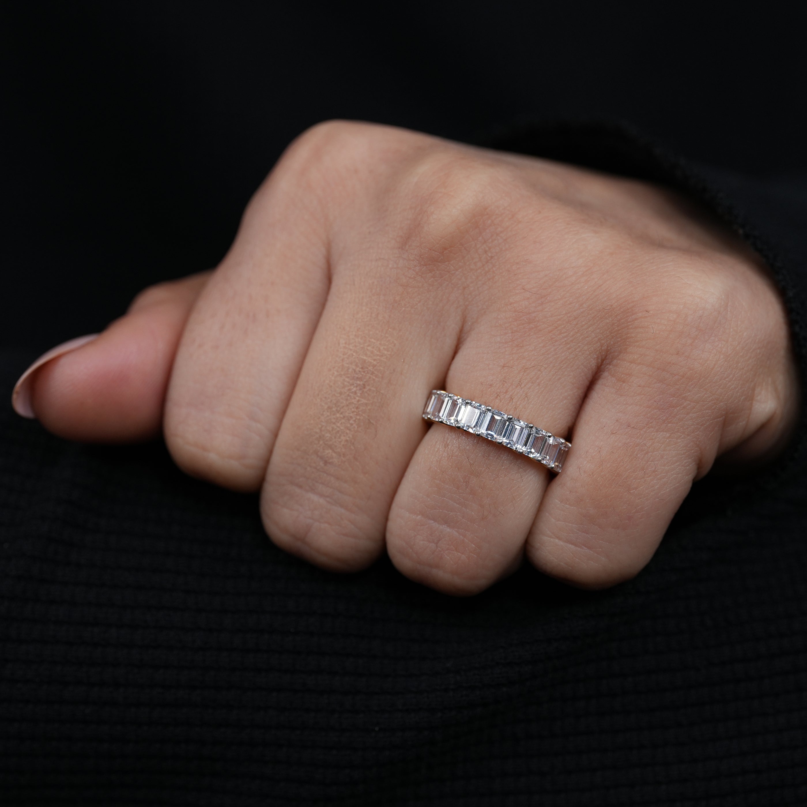 Timeless emerald cut lab grown diamond eternity band in yellow gold