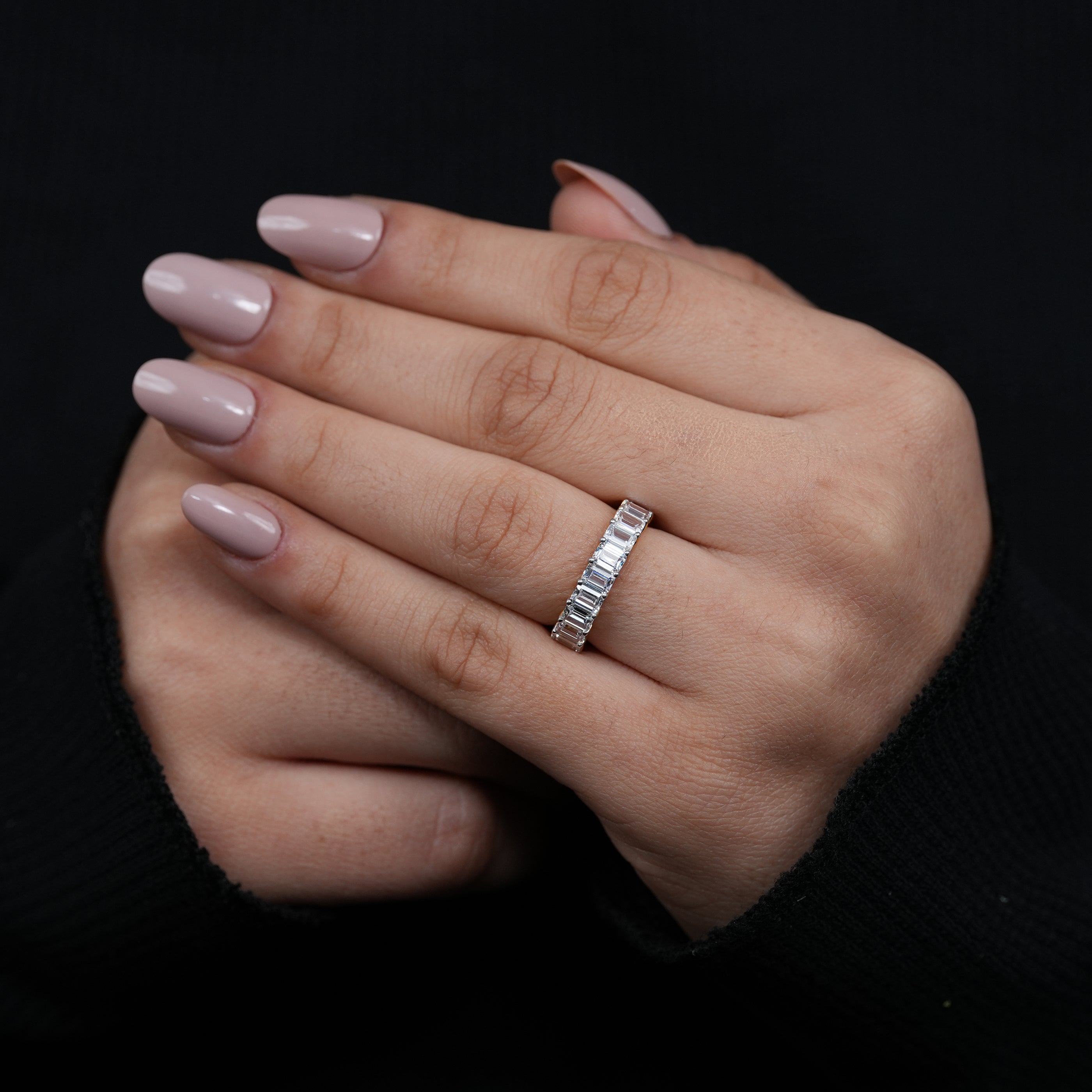 Refined yellow gold emerald cut lab grown diamond eternity ring