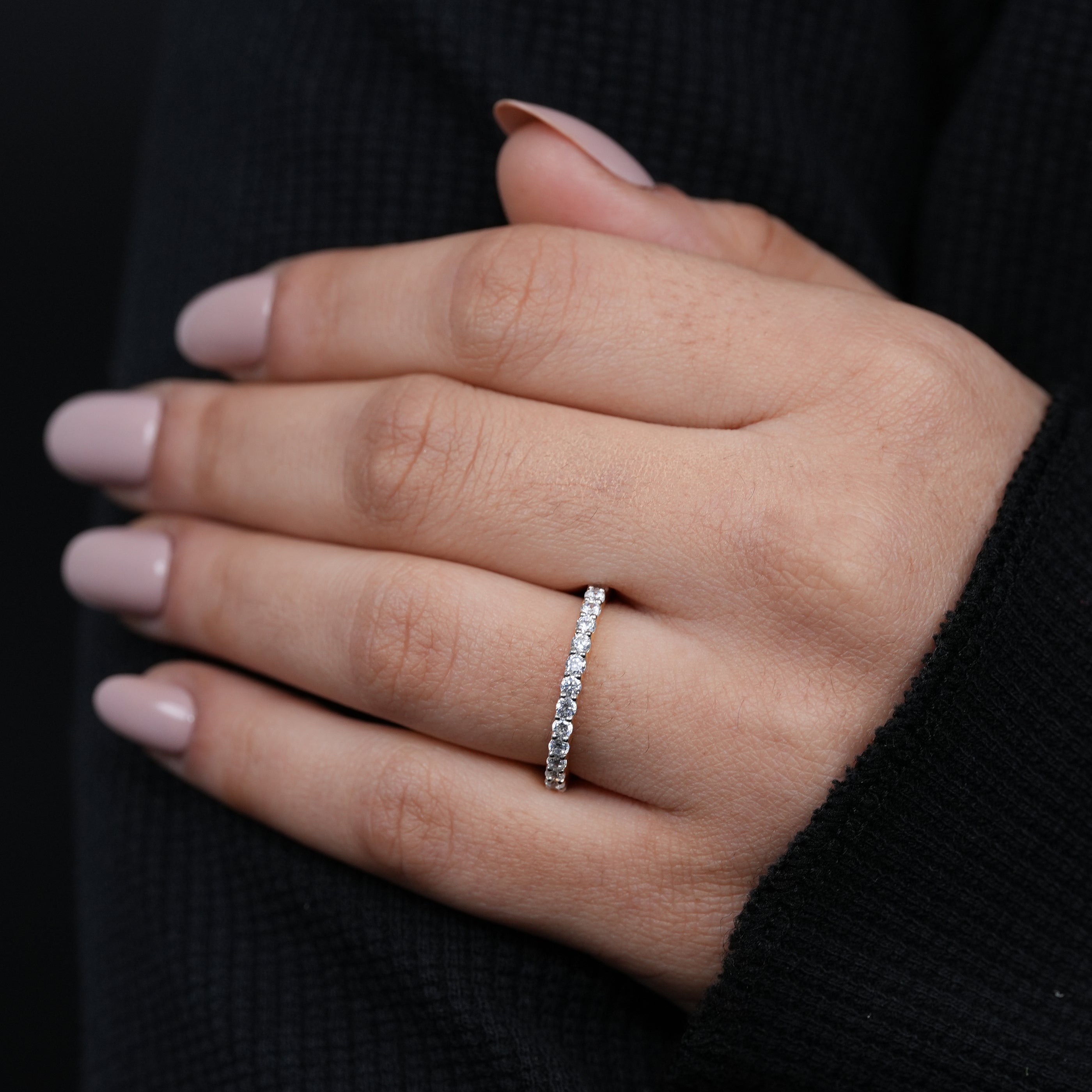 Minimalist stacking band in yellow gold with brilliant lab grown diamonds