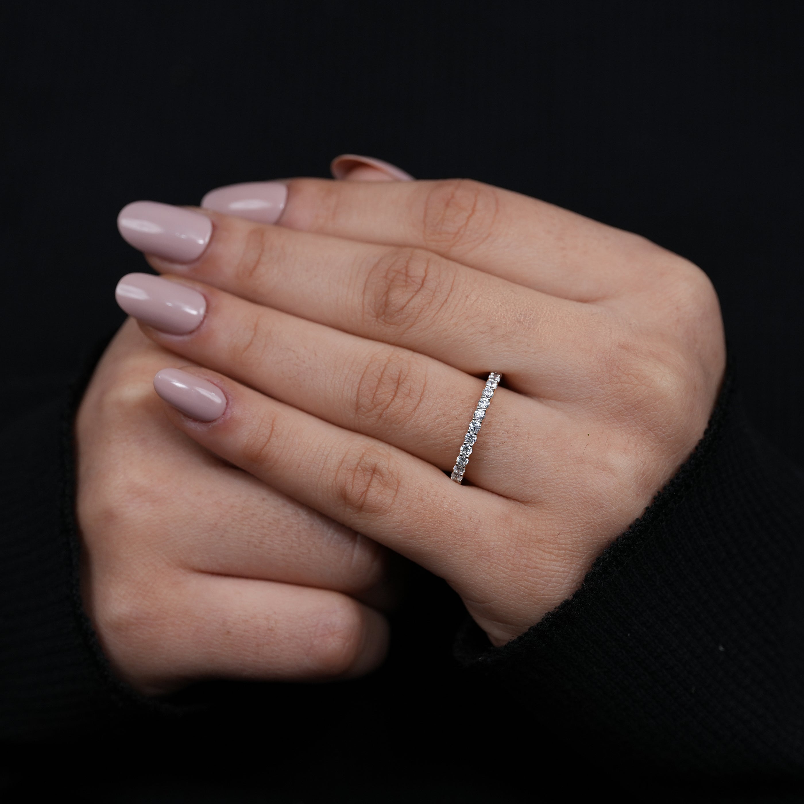 Delicate eternity wedding band with shimmering round lab grown diamonds