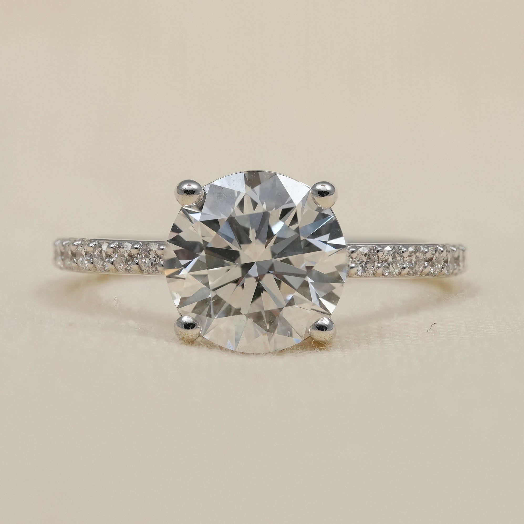 Round diamond solitaire ring with pavé band in white gold