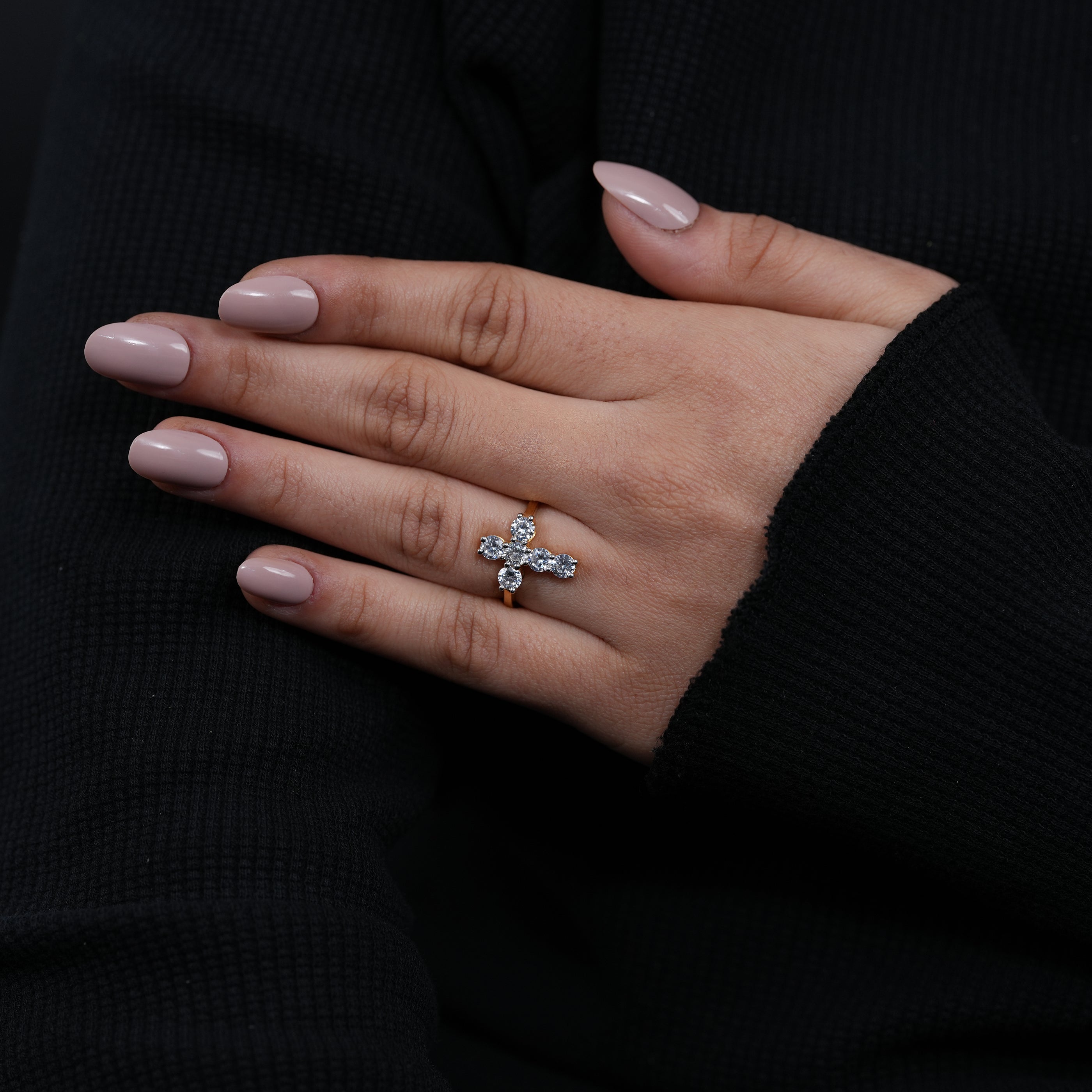 Modern cross cluster lab grown diamond bridal ring sleek yellow gold