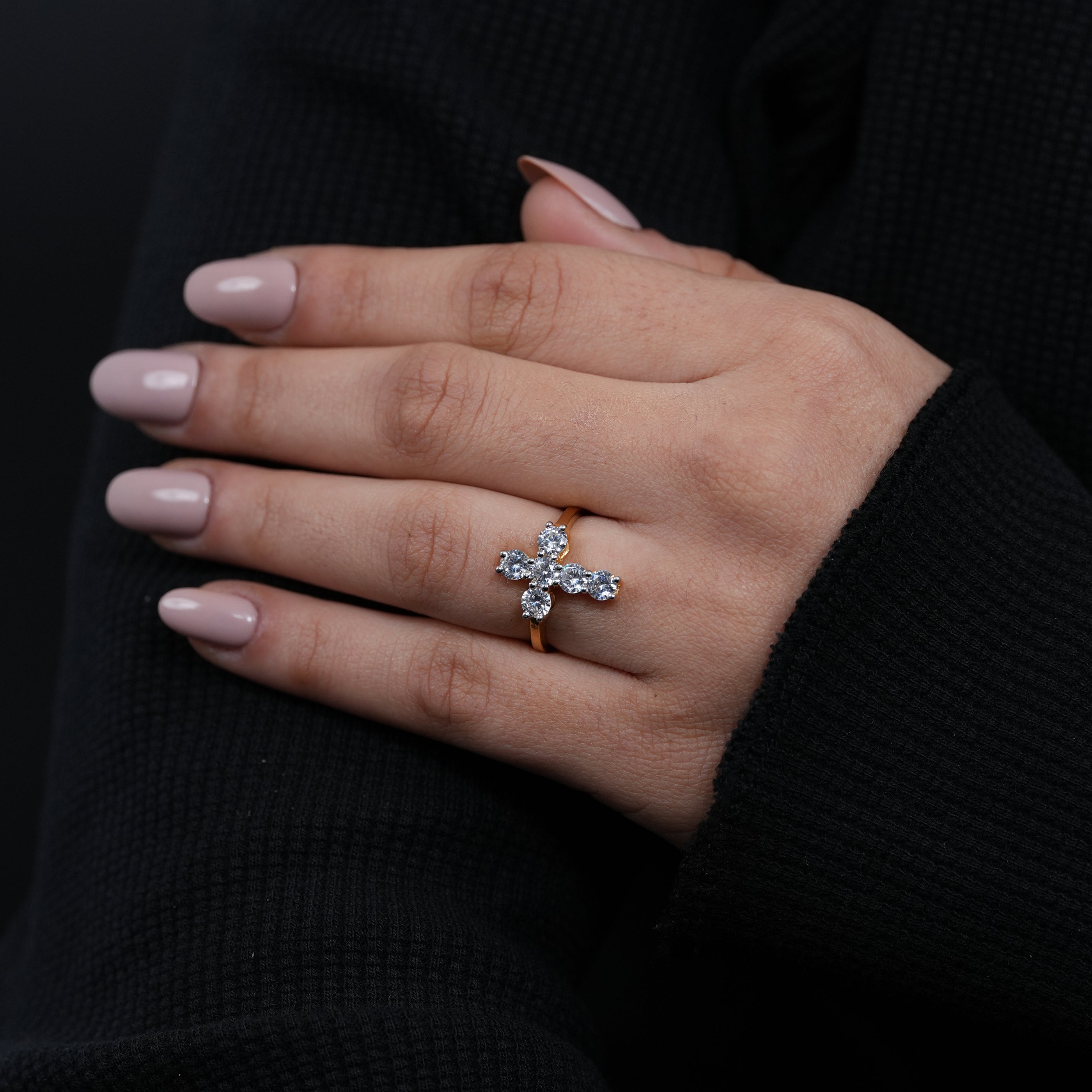 Fine jewelry cross design lab grown diamond proposal ring yellow gold