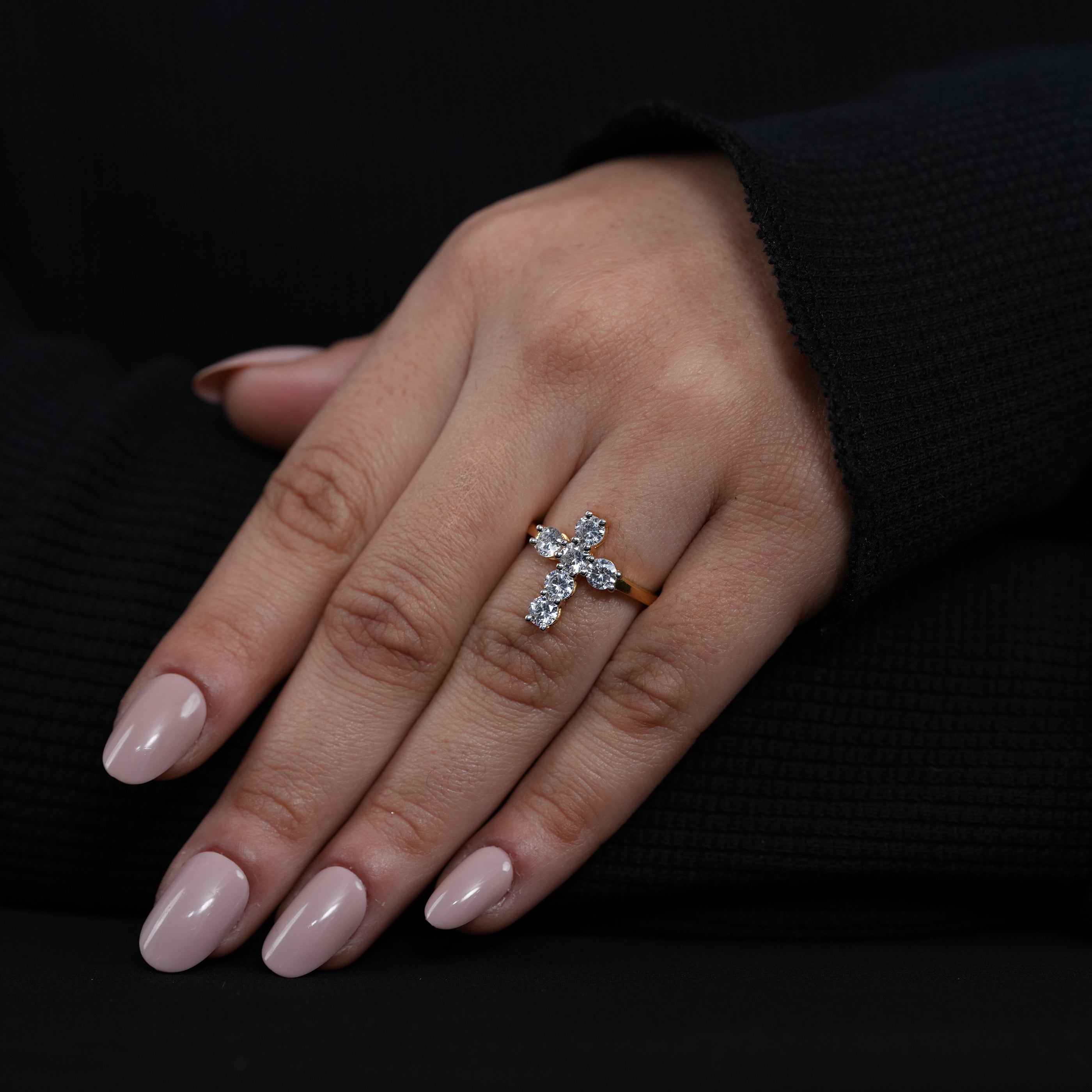 Bridal cross motif lab grown diamond ring contemporary yellow gold band