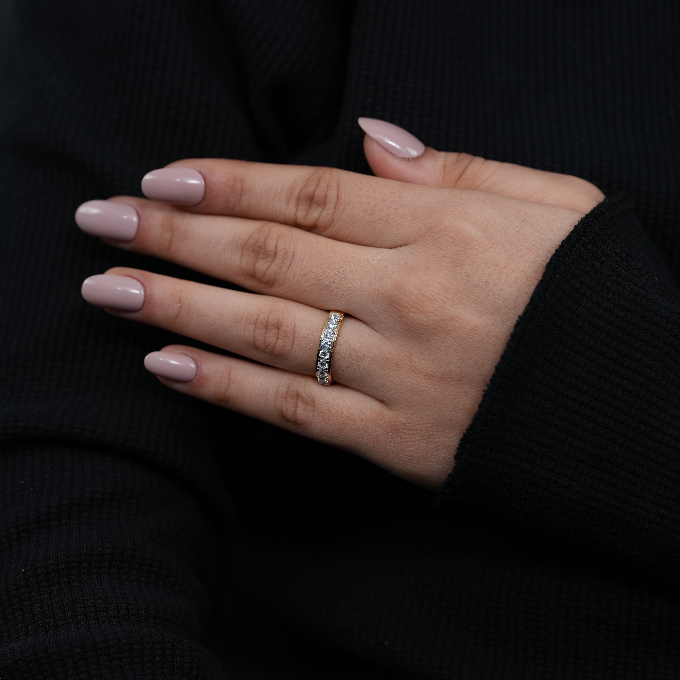 Classic yellow gold half eternity band with round lab grown diamonds shared prongs