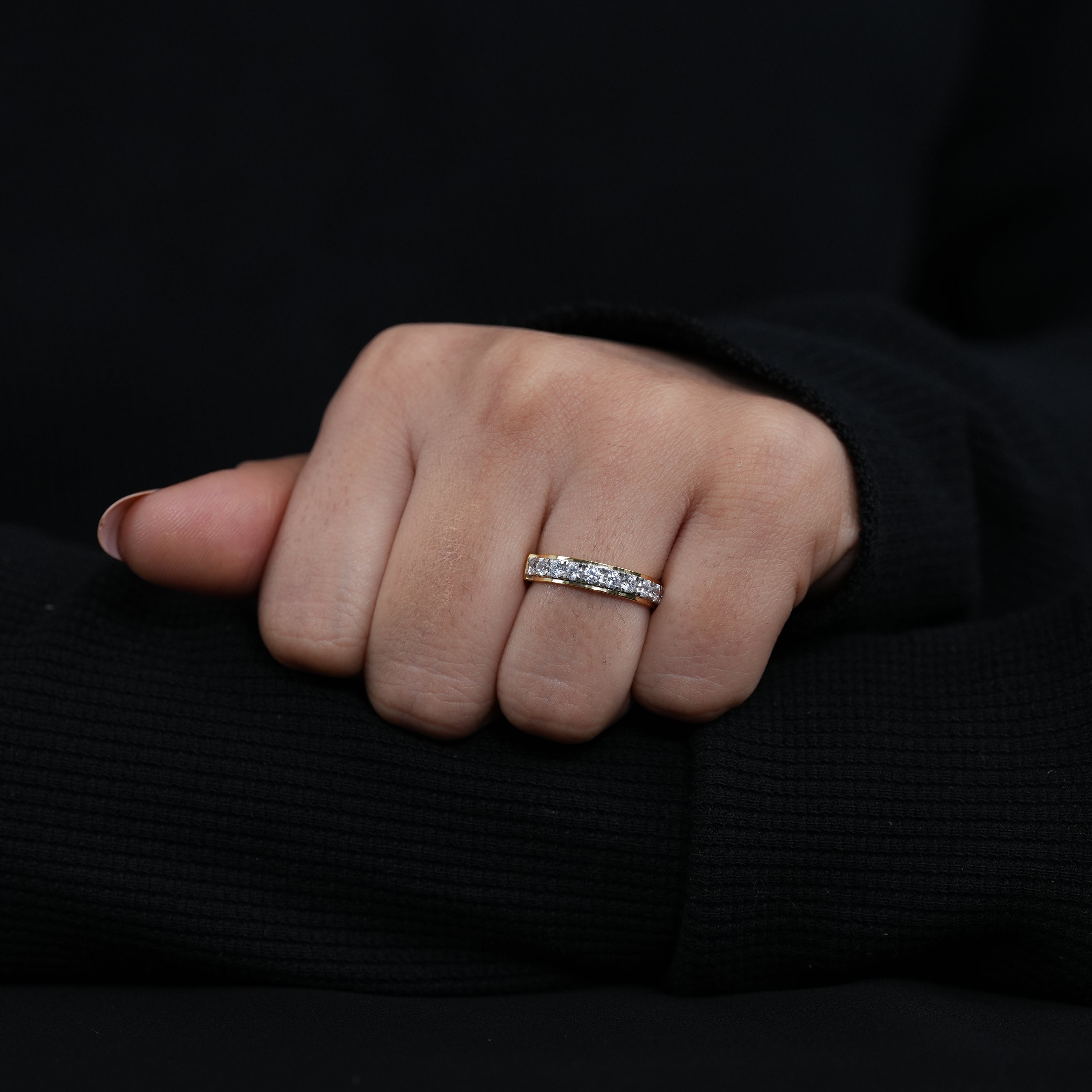 Stackable yellow gold lab grown diamond half eternity wedding band shared setting