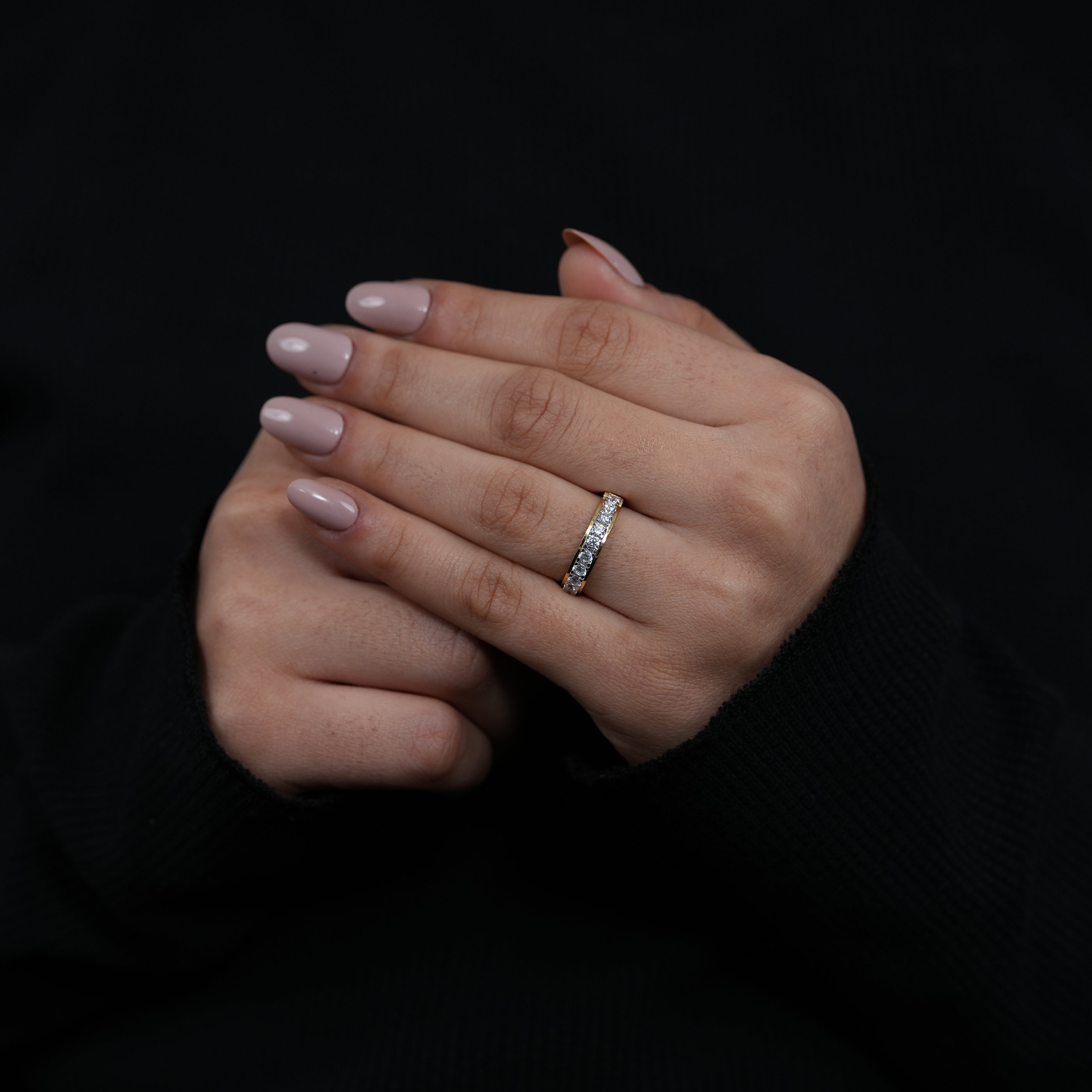 Minimal yellow gold lab grown diamond wedding band with brilliant round stones