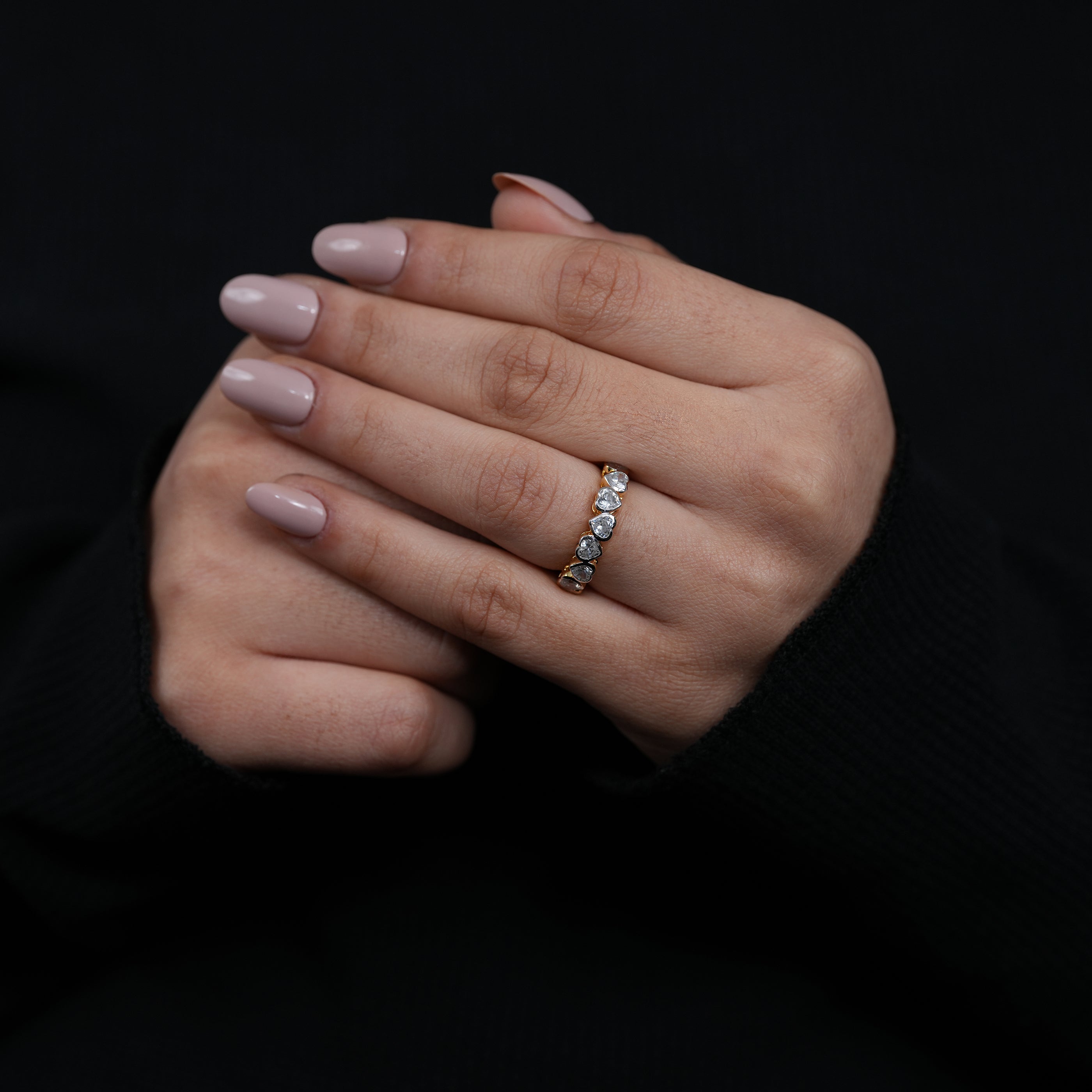 Delicate yellow gold heart lab grown diamond wedding band