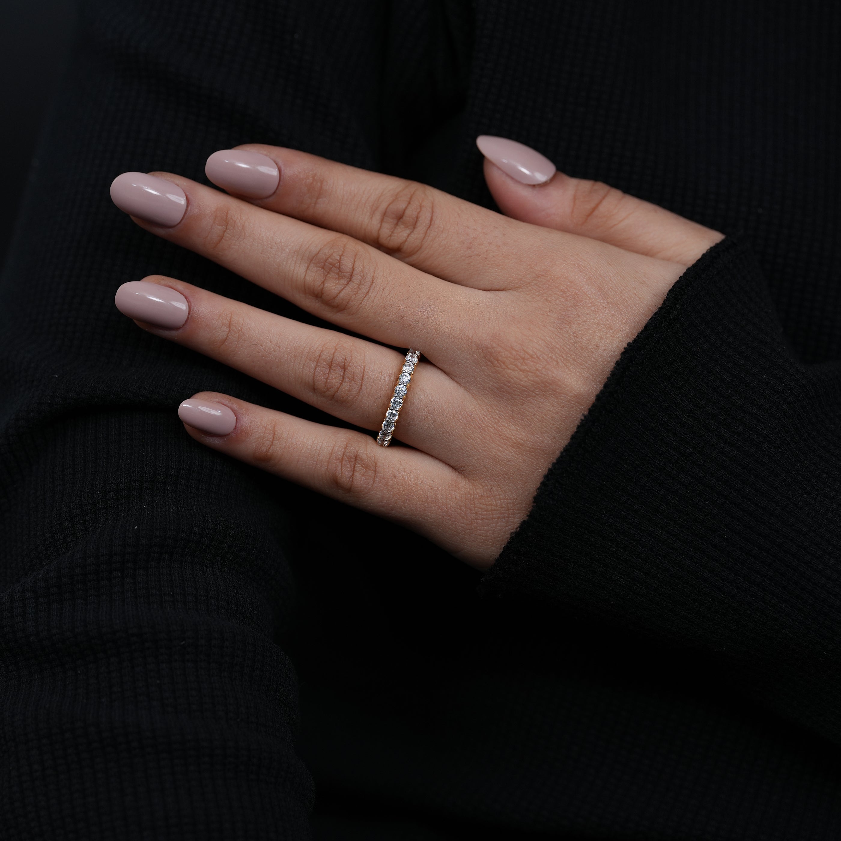 Elegant yellow gold lab grown diamond eternity ring prong set design